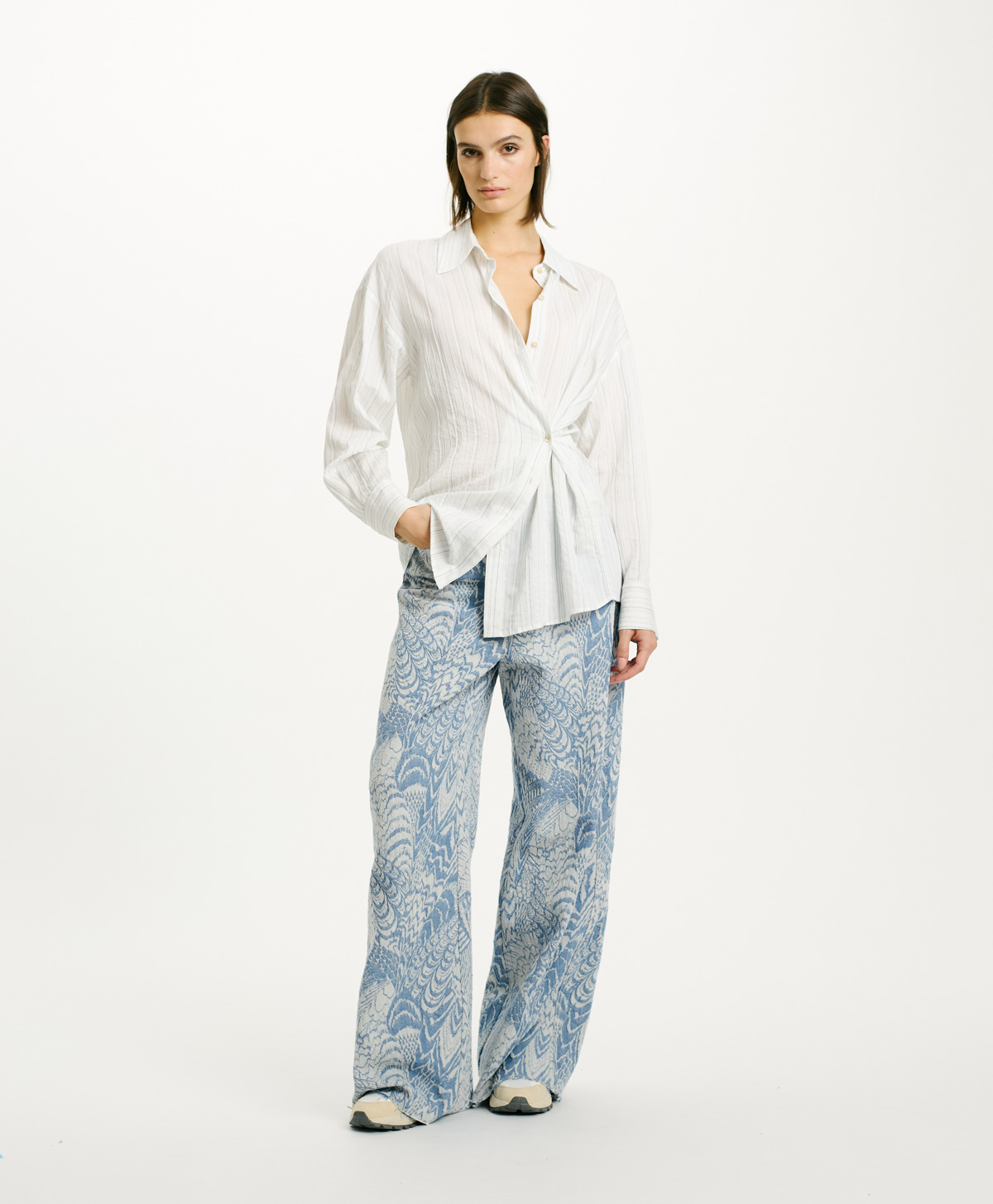 CHEMISIER TITI EN VISCOSE DE SOIE/COTON - CRÈME/BLEU - Momonì