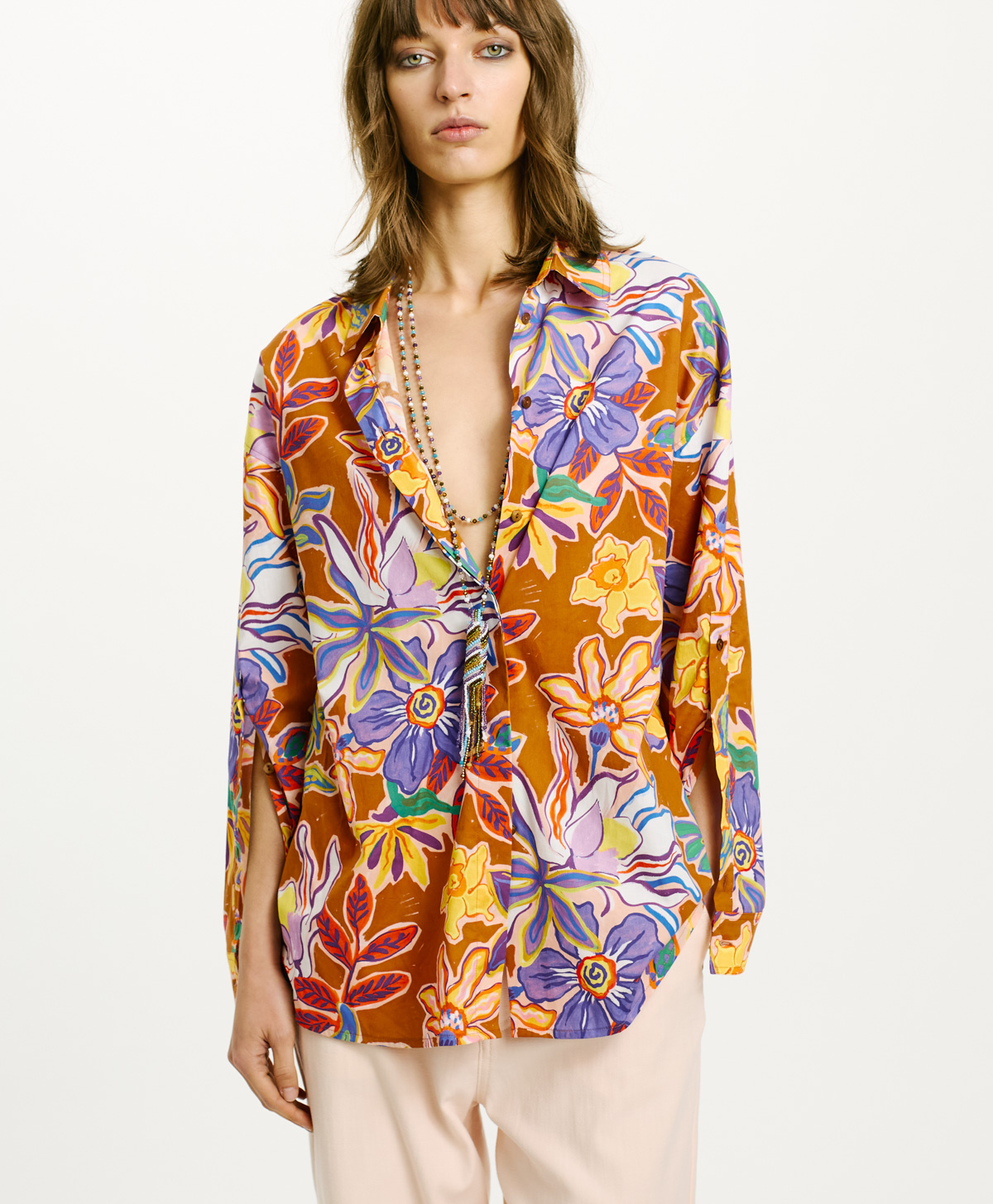 IWAKI SHIRT IN STRETCH POPLIN - TOBACCO/PURPLE - Momonì