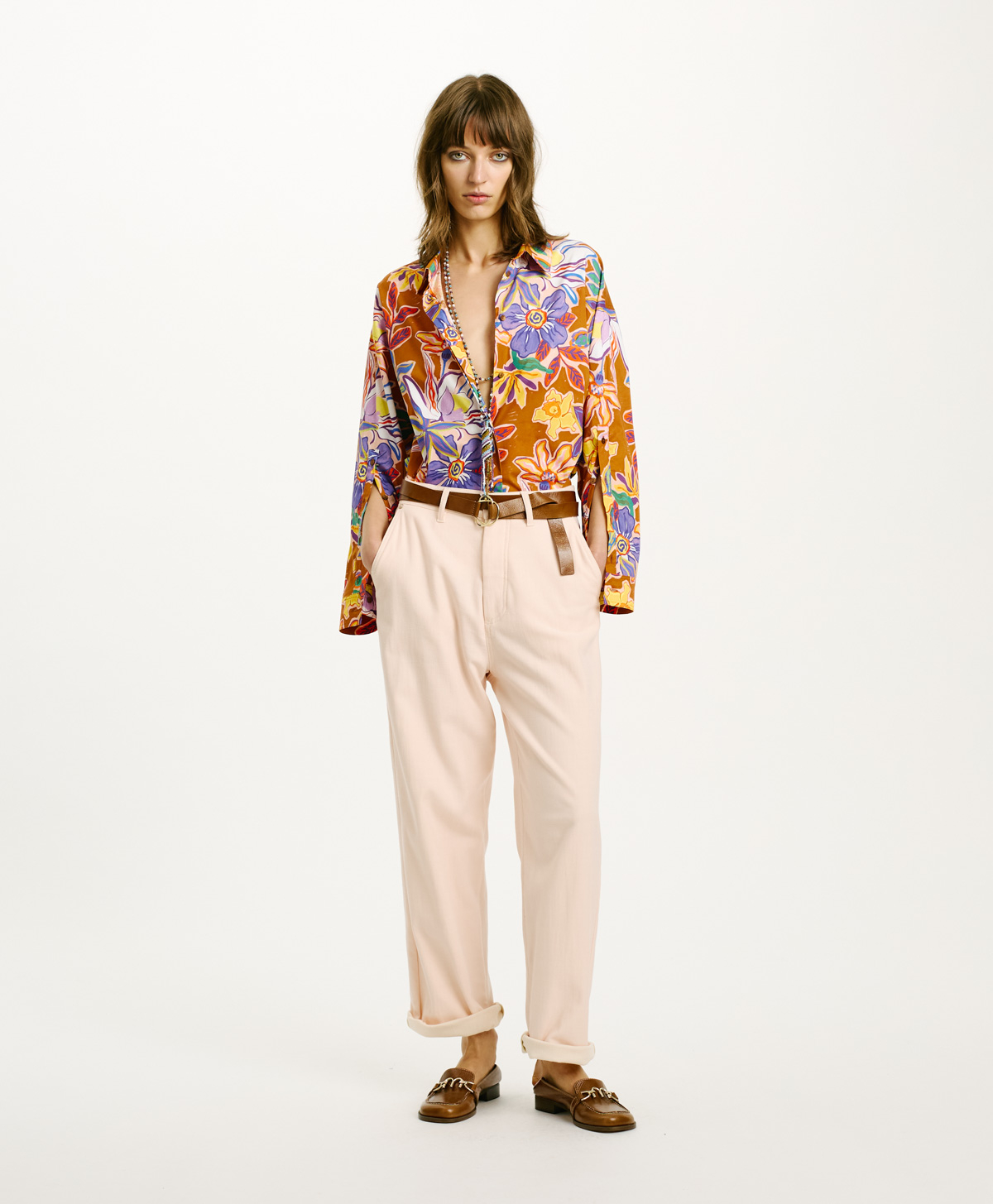 IWAKI SHIRT IN STRETCH POPLIN - TOBACCO/PURPLE - Momonì