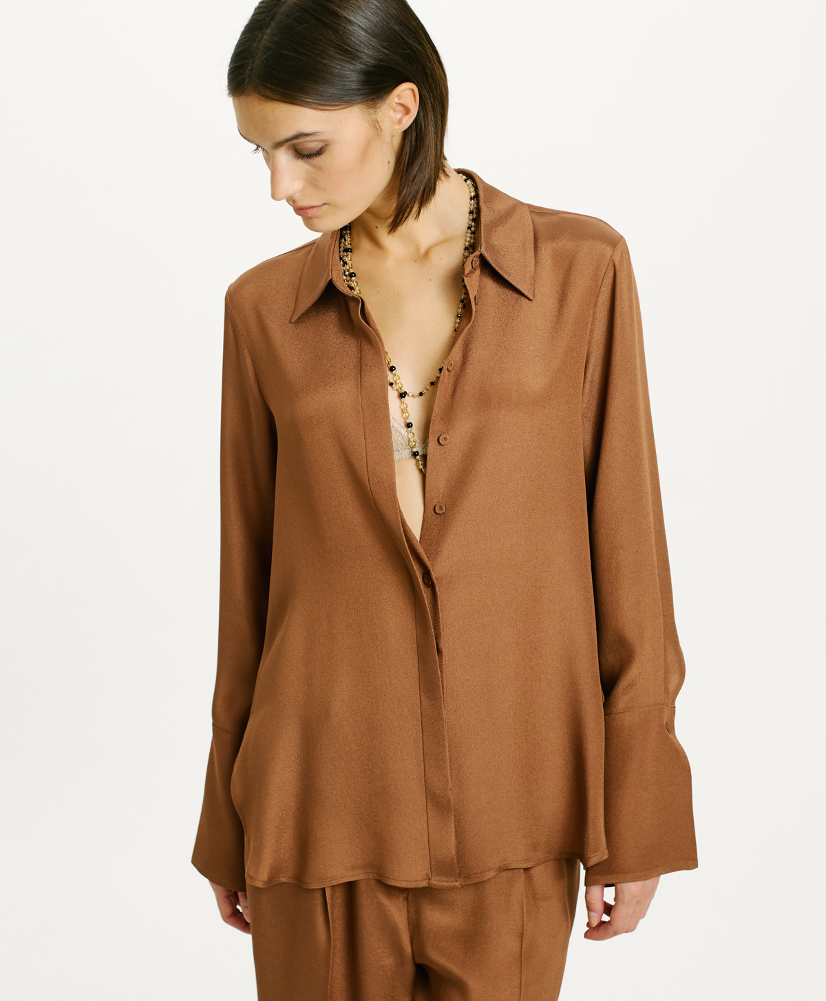 TENA SHIRT IN SOLID COLOUR ACDETATE SILK BLEND CREPE - TOBACO - Clothing - Momonì