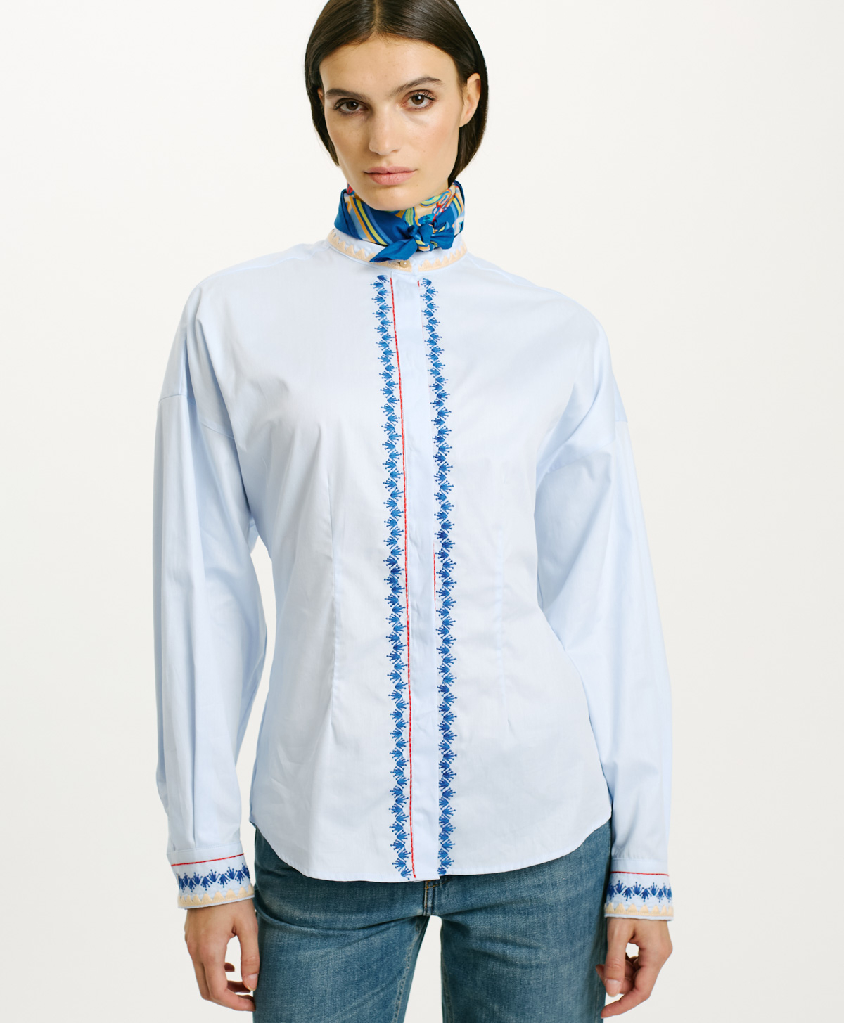 CHEMISIER ABA EN FIL À FIL DE COTON BRODÉ - BLEU CLAIR - Momonì