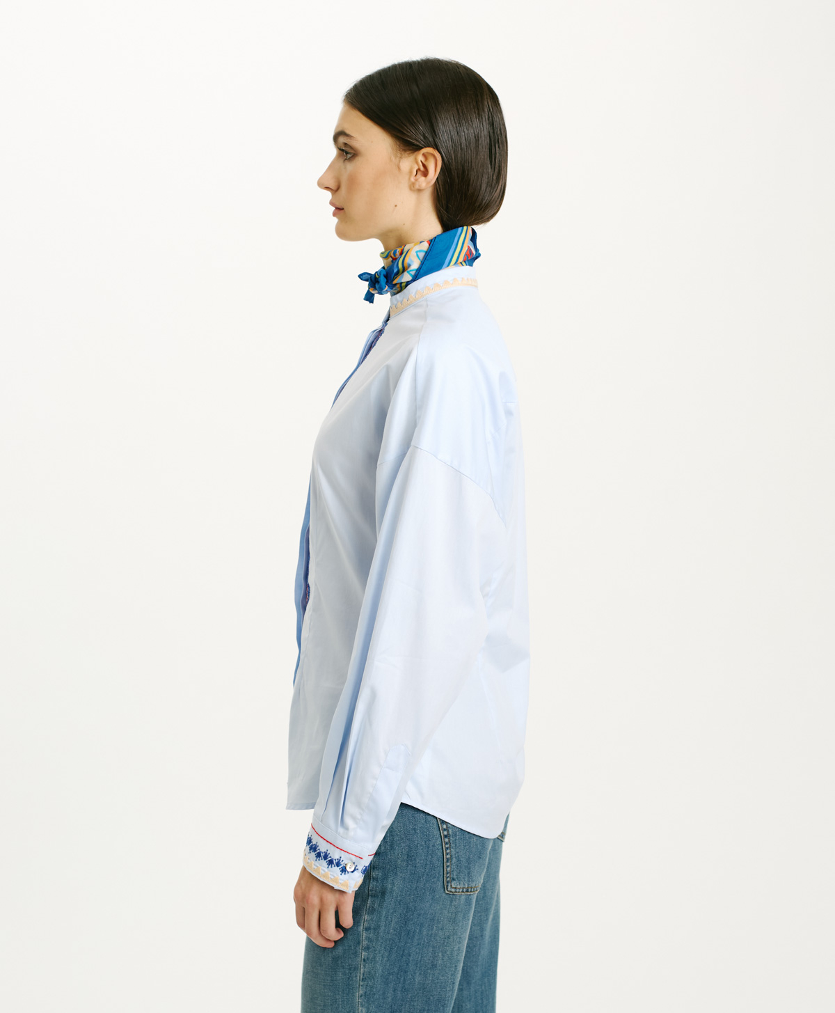 CHEMISIER ABA EN FIL À FIL DE COTON BRODÉ - BLEU CLAIR - Momonì