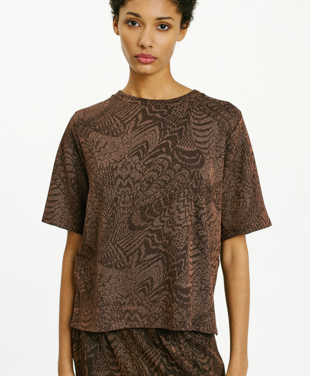 T-SHIRT IORA EN JERSEY LUREX EN JACQUARD - CHOCOLAT/CUIVRE - Momonì