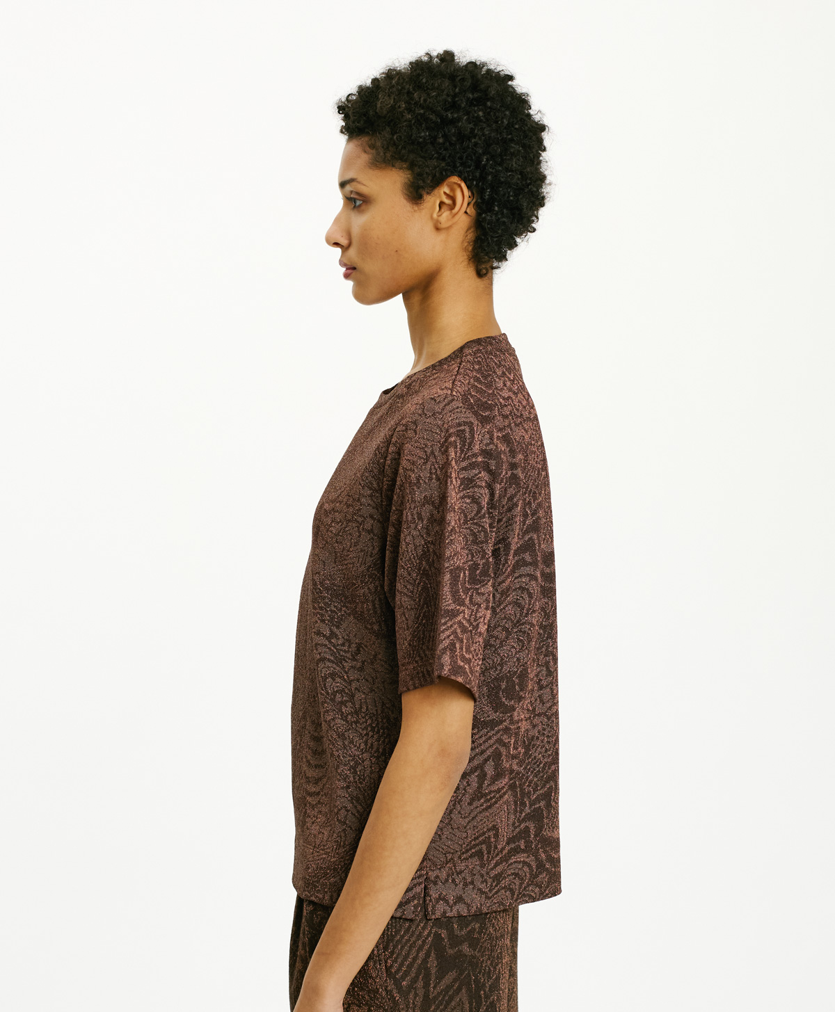 T-SHIRT IORA EN JERSEY LUREX EN JACQUARD - CHOCOLAT/CUIVRE - Momonì