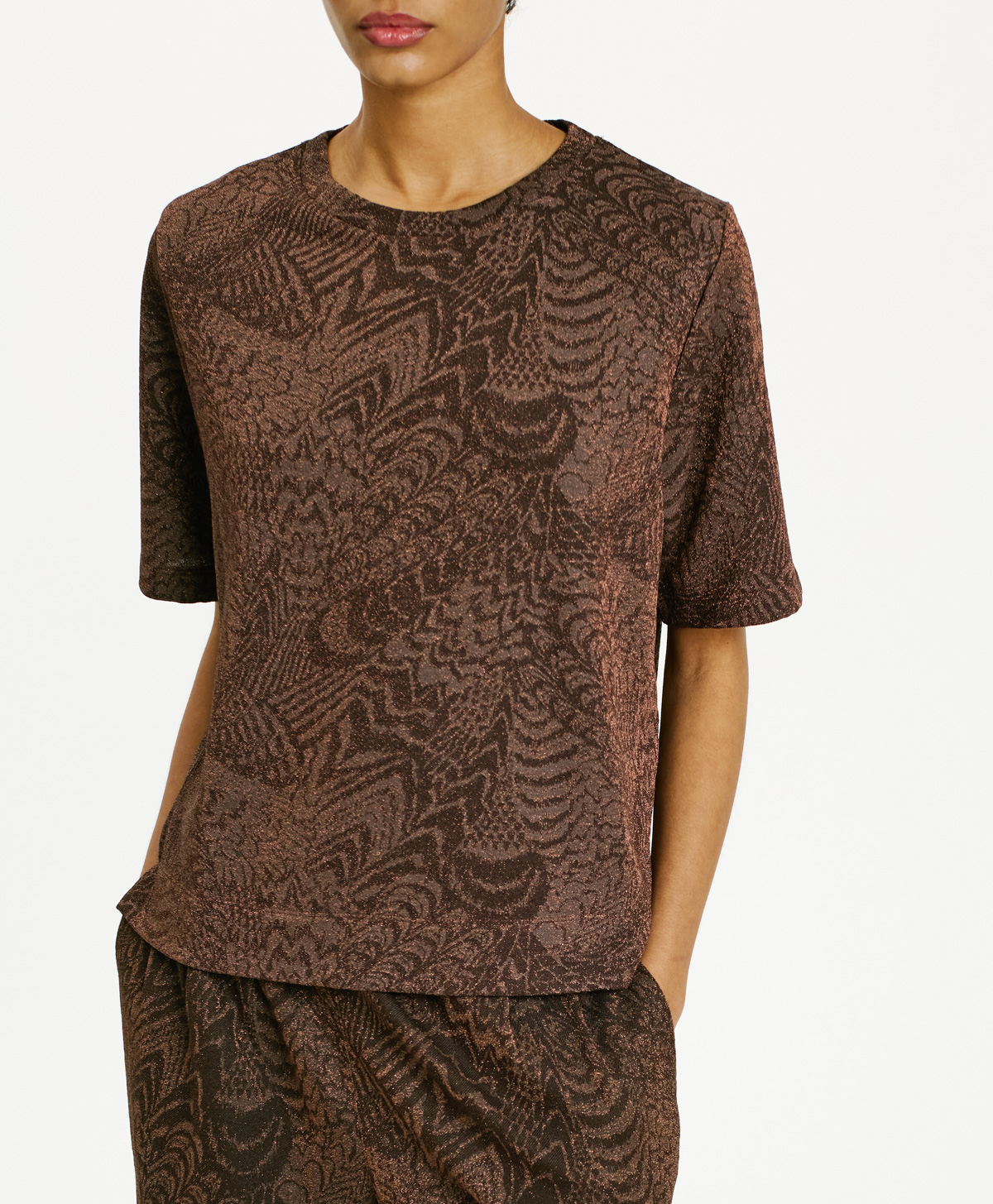 T-SHIRT IORA EN JERSEY LUREX EN JACQUARD - CHOCOLAT/CUIVRE - Momonì