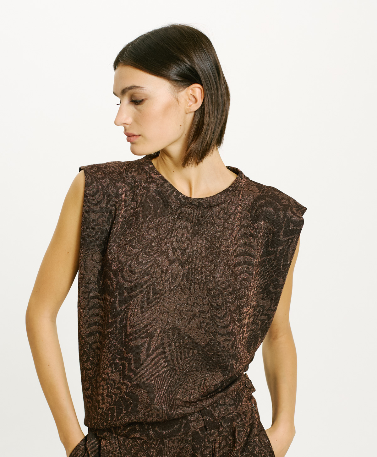 ENNA T-SHIRT IN JACQUARD JERSEY WITH LUREX - CHOCOLATE/COPPER - Momonì