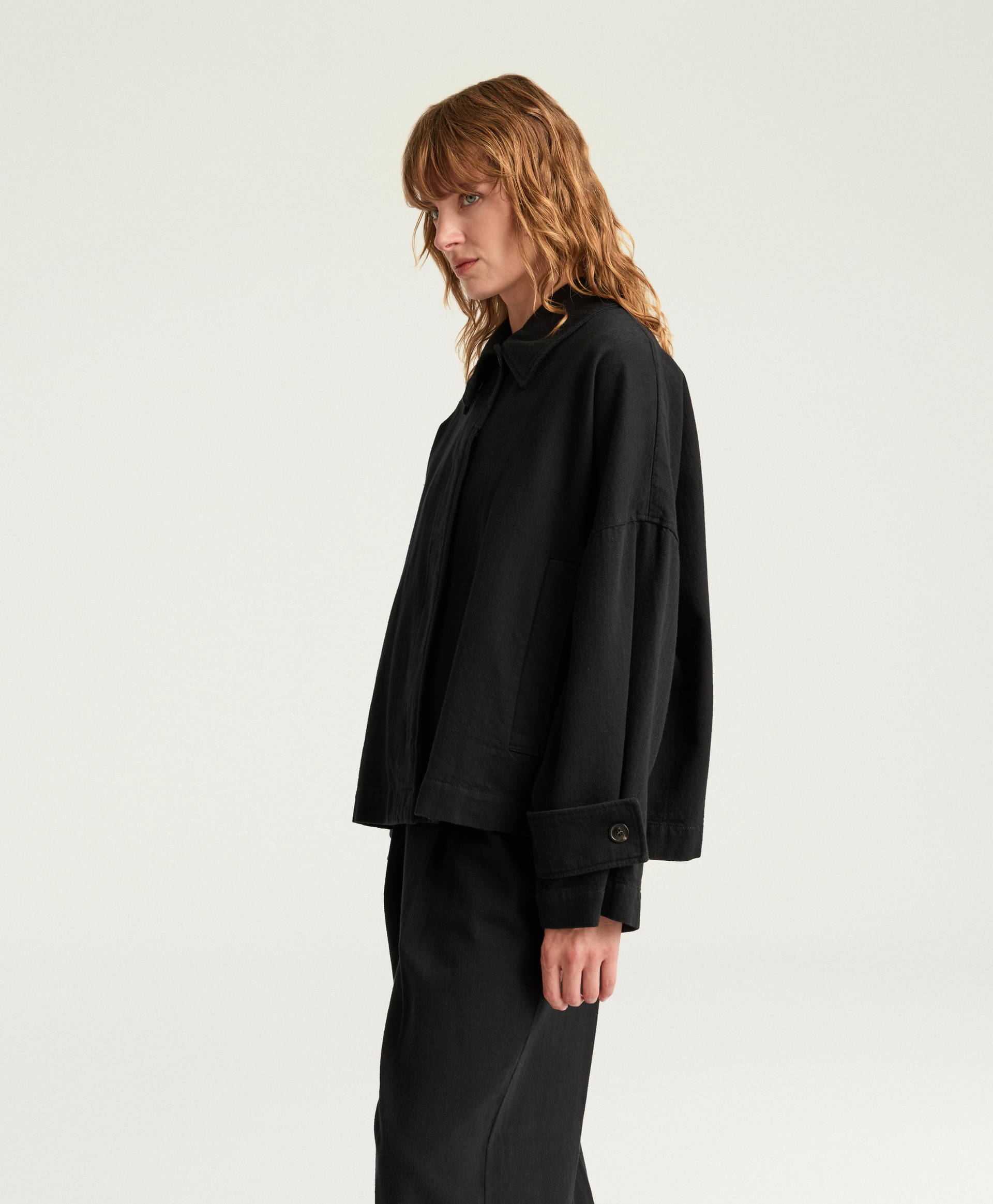 MANTEAU HENRY EN DENIM TEINT EN FIL - NOIR - Momonì