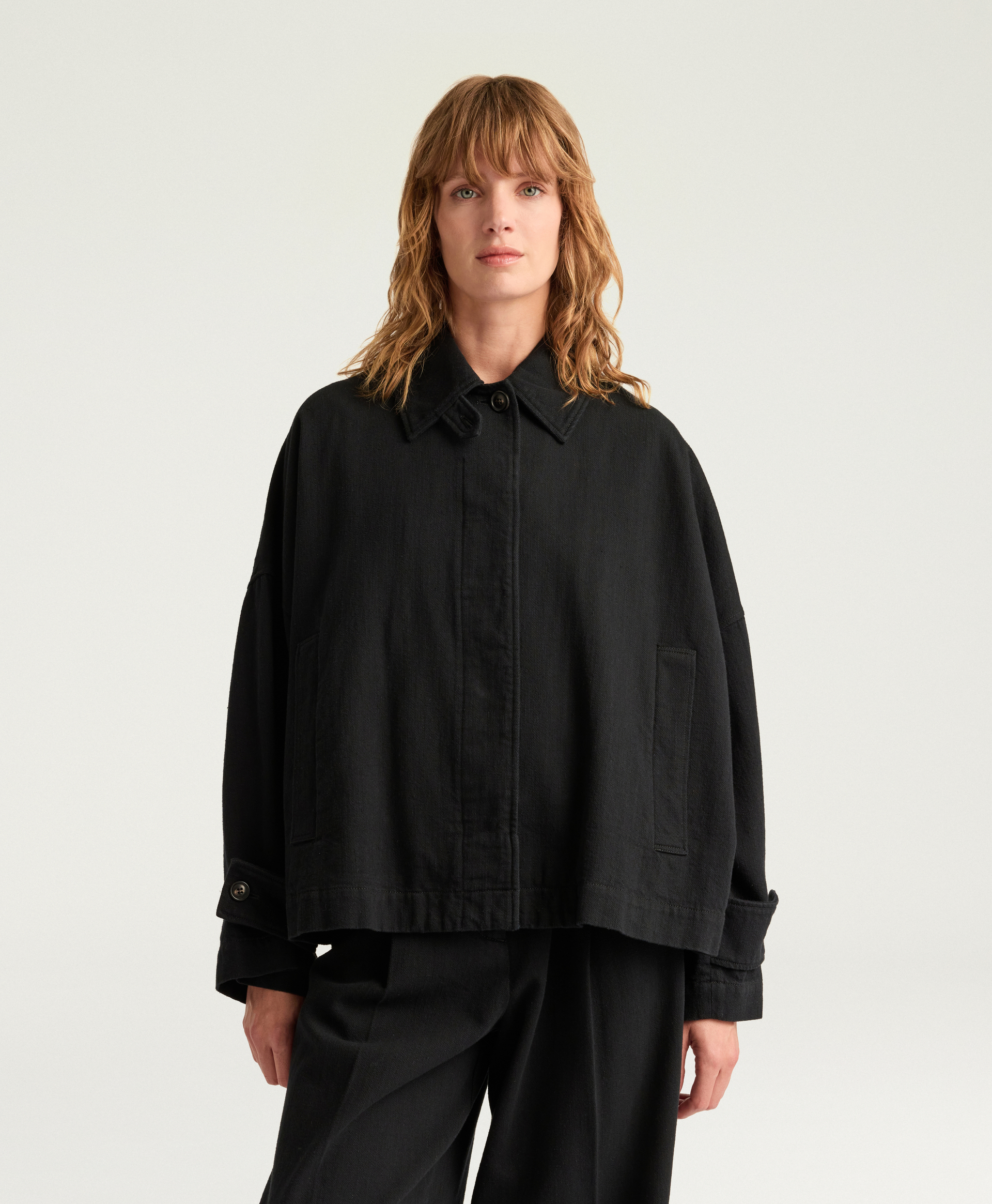 MANTEAU HENRY EN DENIM TEINT EN FIL - NOIR - Momonì