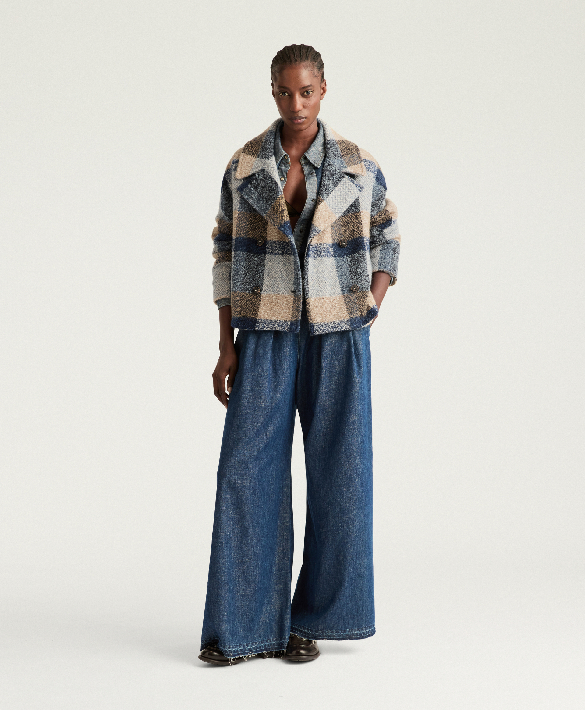 MANTEAU KENPI EN MAXI CARREAUX DE LAINE BOUCLÉ - MULTICOLORE BLEU AVIO - Clothing - Momonì