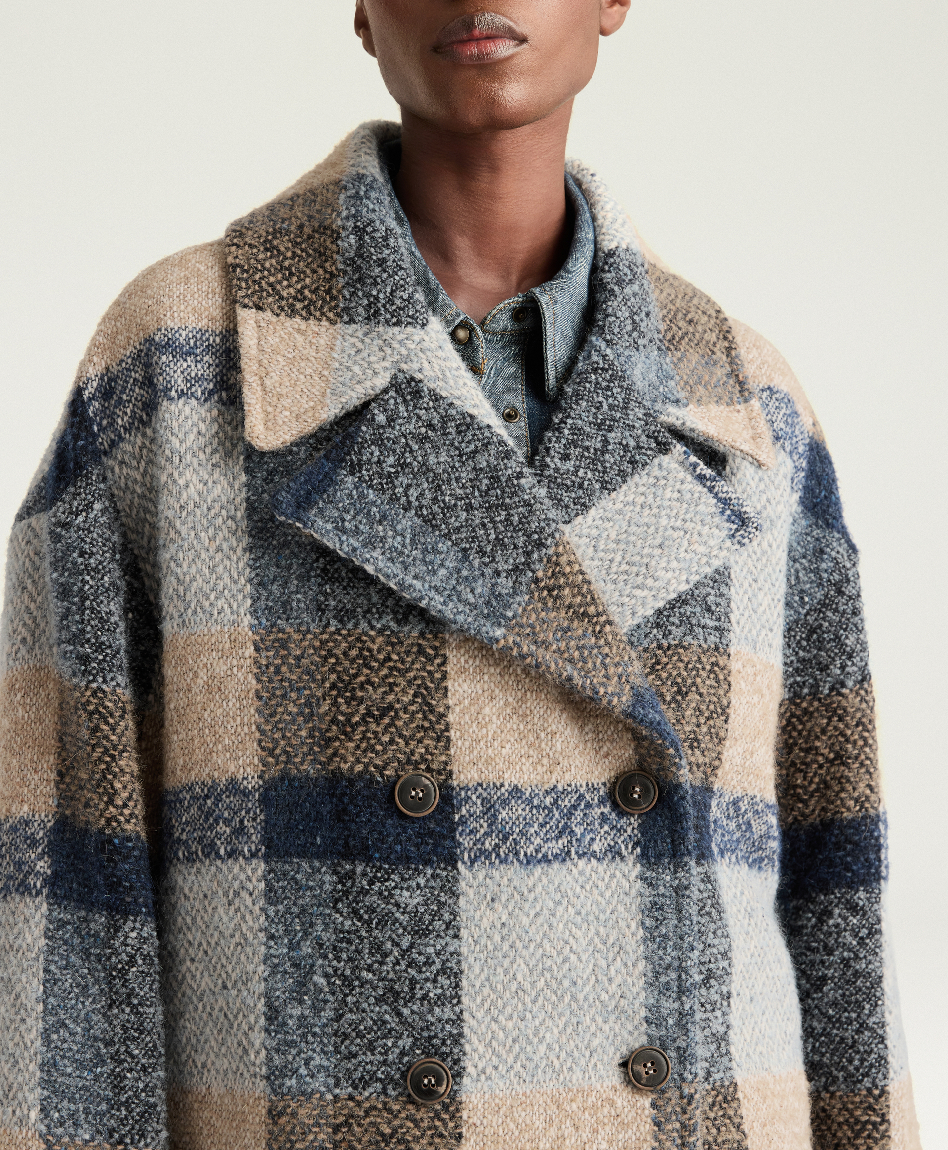 MANTEAU KENPI EN MAXI CARREAUX DE LAINE BOUCLÉ - MULTICOLORE BLEU AVIO - Momonì