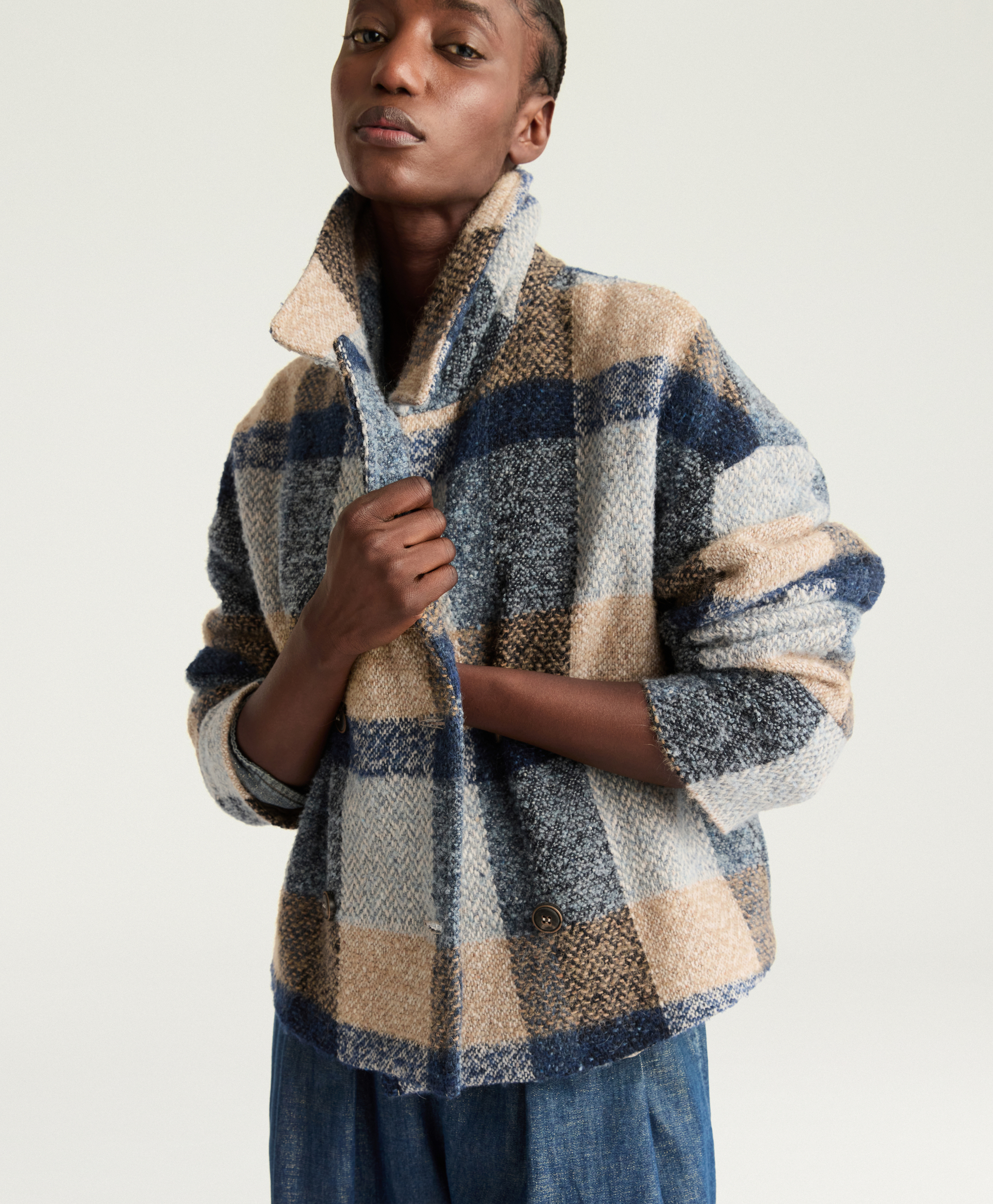 MANTEAU KENPI EN MAXI CARREAUX DE LAINE BOUCLÉ - MULTICOLORE BLEU AVIO - Momonì