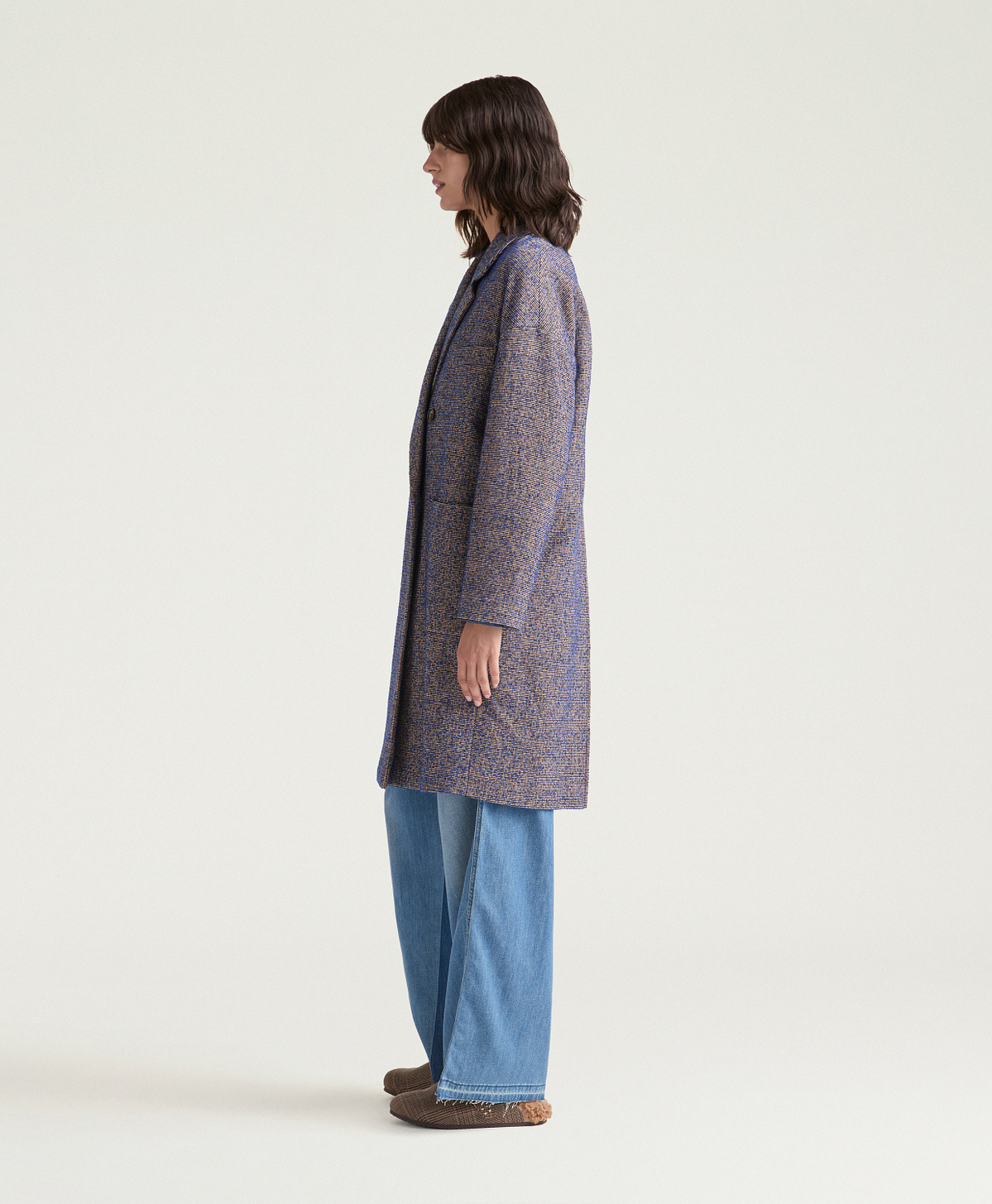 MANTEAU DUKE EN NATTE LAINE BOUCLÉ - MARRON/BLEU - Momonì