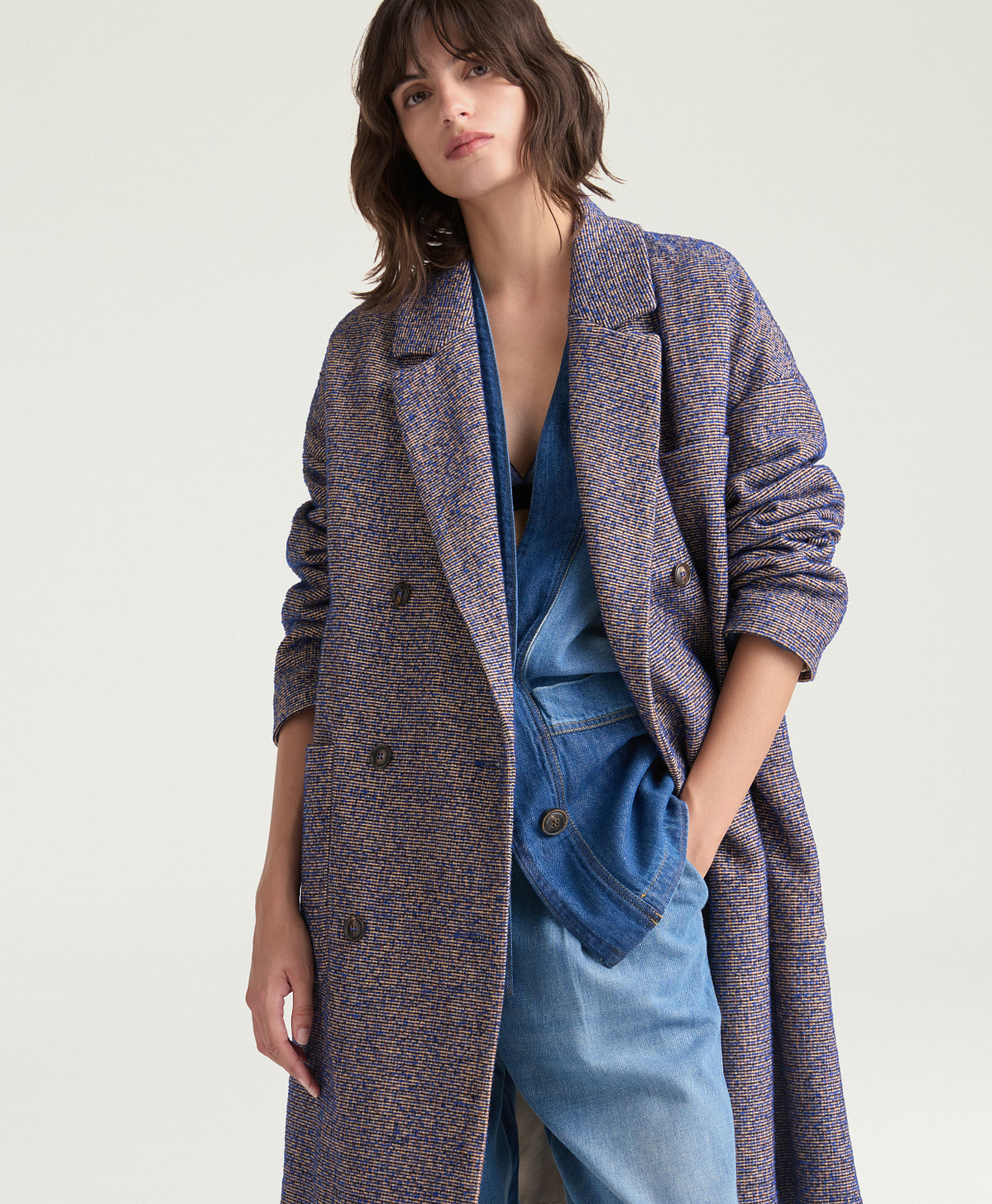 MANTEAU DUKE EN NATTE LAINE BOUCLÉ - MARRON/BLEU - Momonì