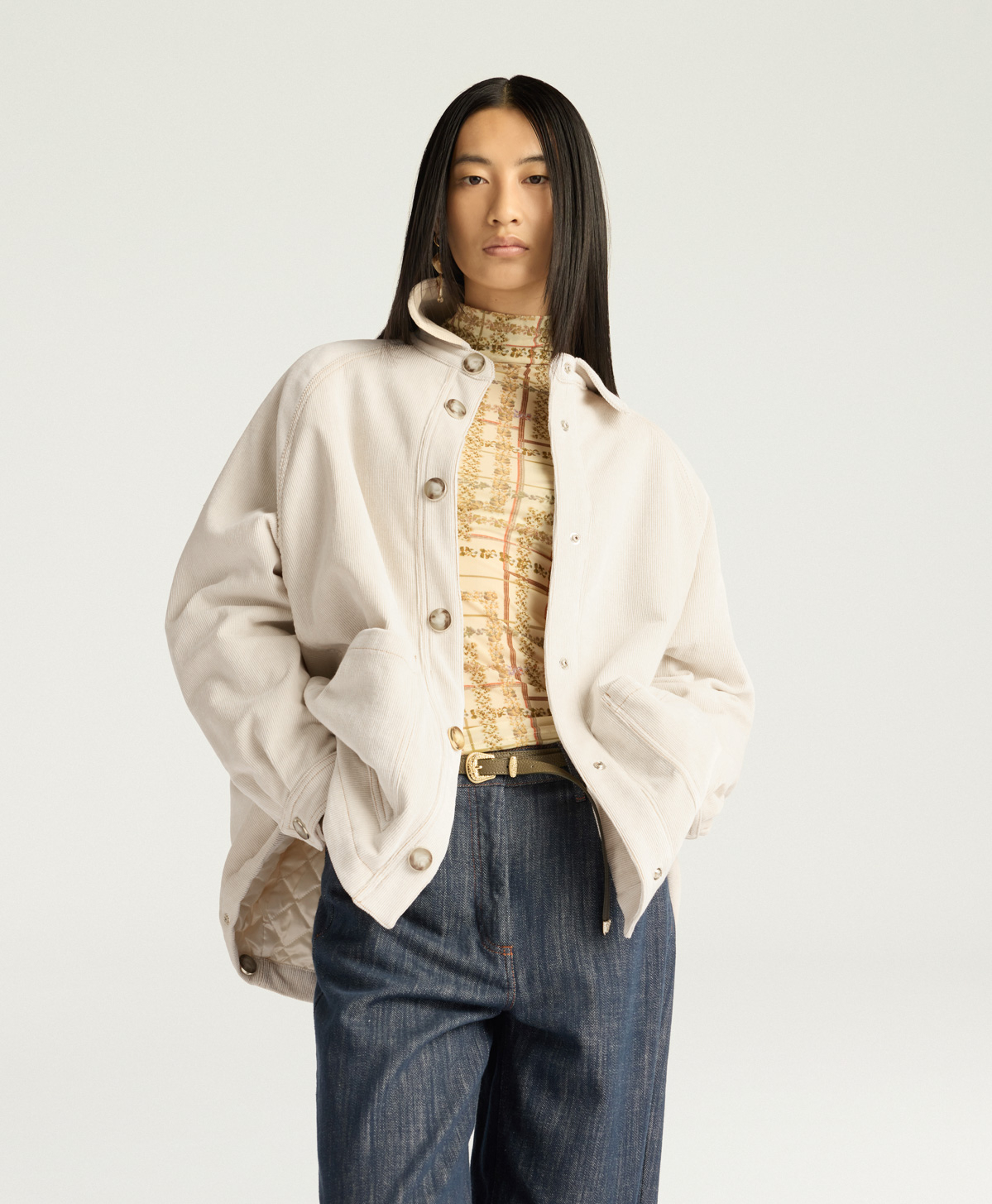MANTEAU YAME EN VELOURS  À CÔTES STRETCH - CRÈME - Momonì