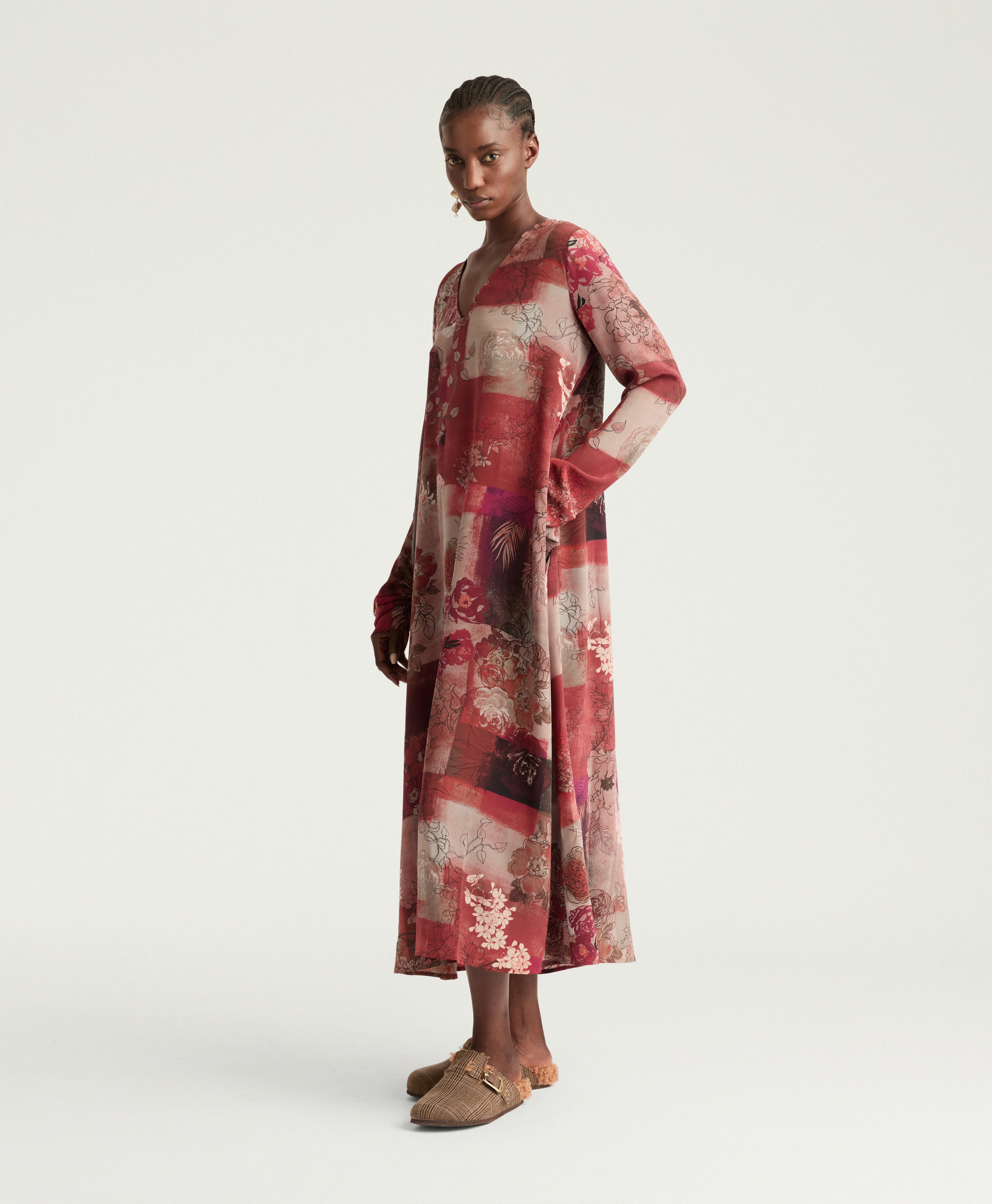 ROBE ORWELL EN CRÊPE DE CHINE IMPRIMÉ - MULTICOLORE BORDEAUX - Momonì