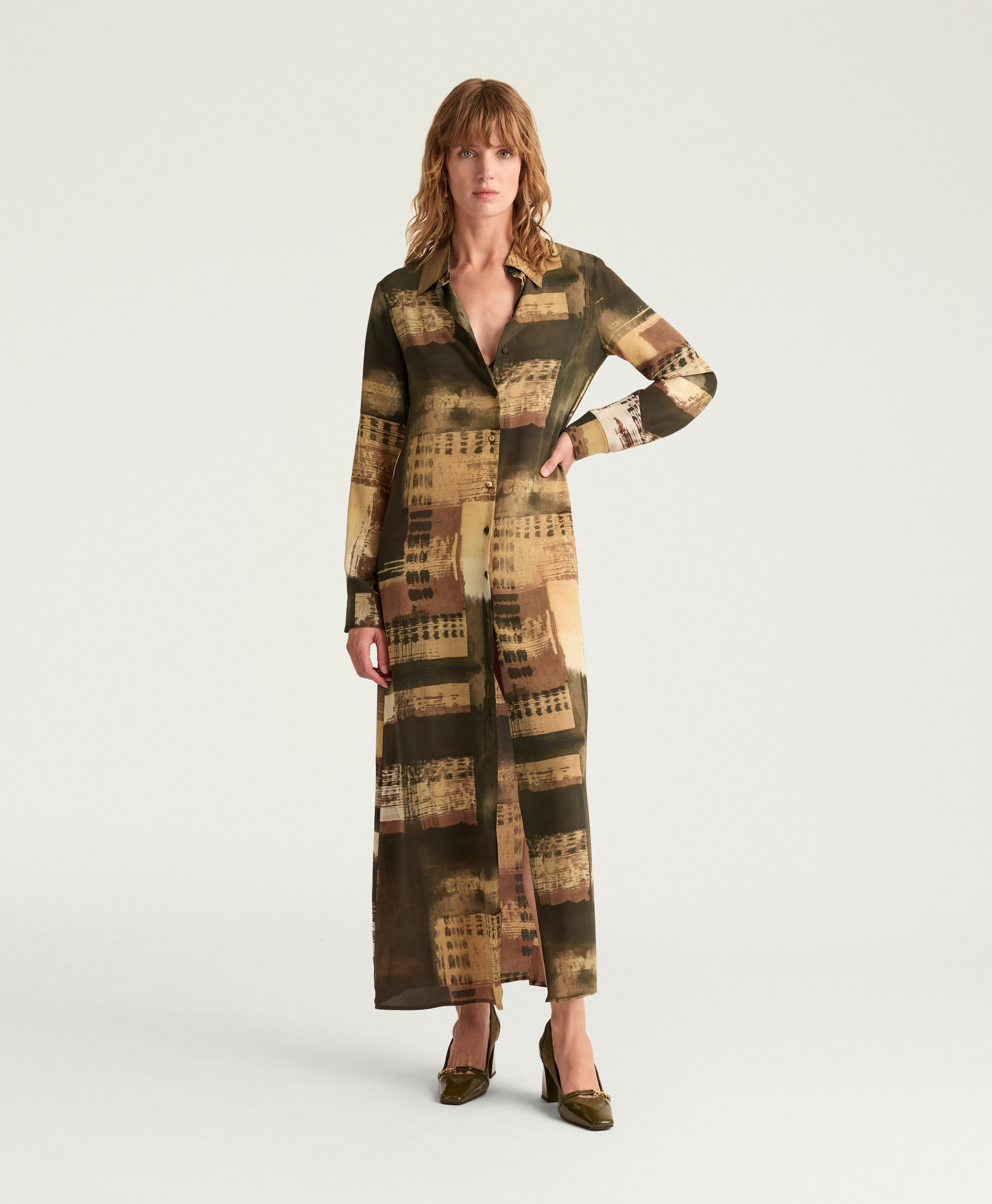 ROWEN DRESS IN PRINTED CREPE DE CHINE - ARMY GREEN MULTICOLOR - Momonì