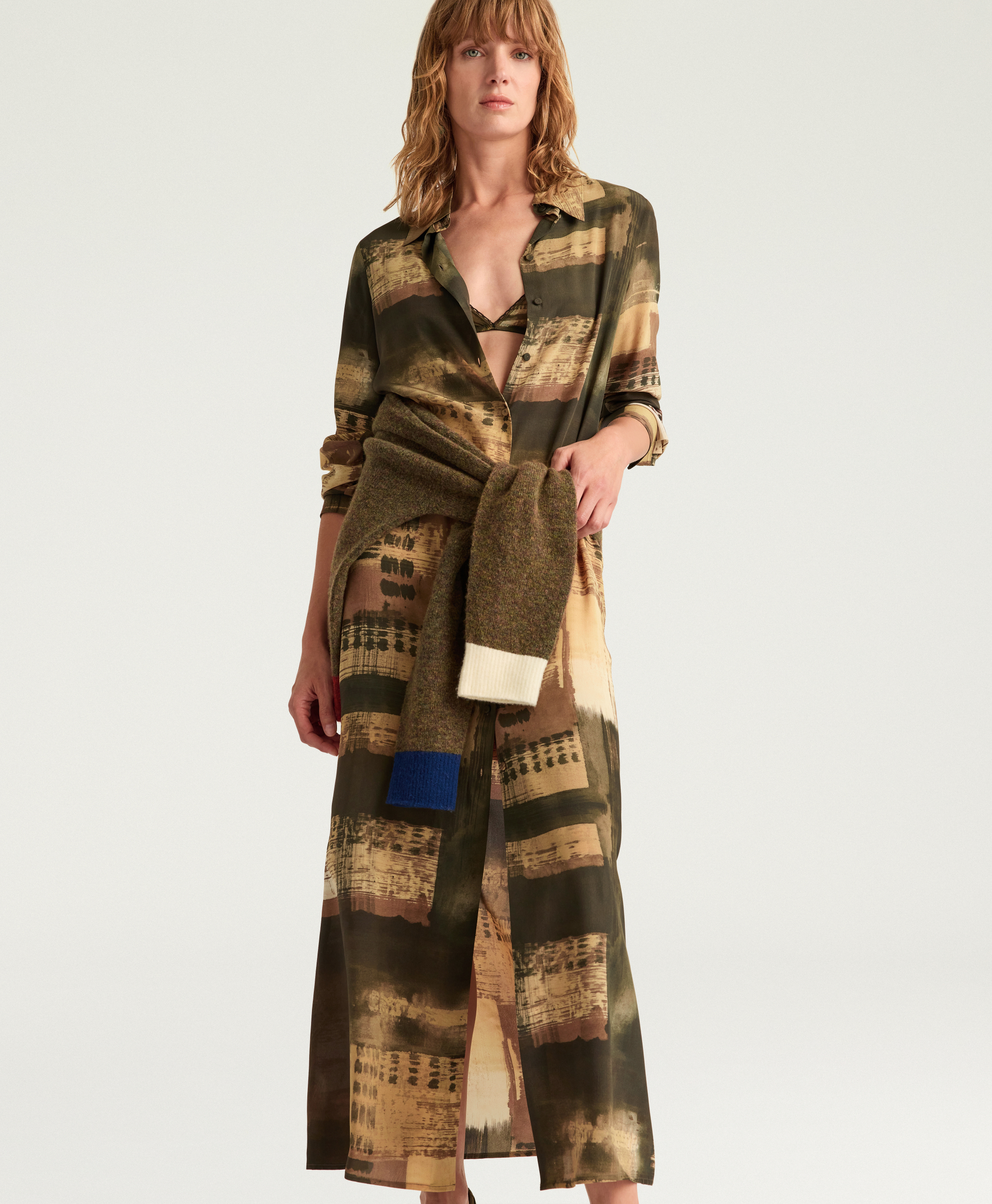 ROWEN DRESS IN PRINTED CREPE DE CHINE - ARMY GREEN MULTICOLOR - Momonì