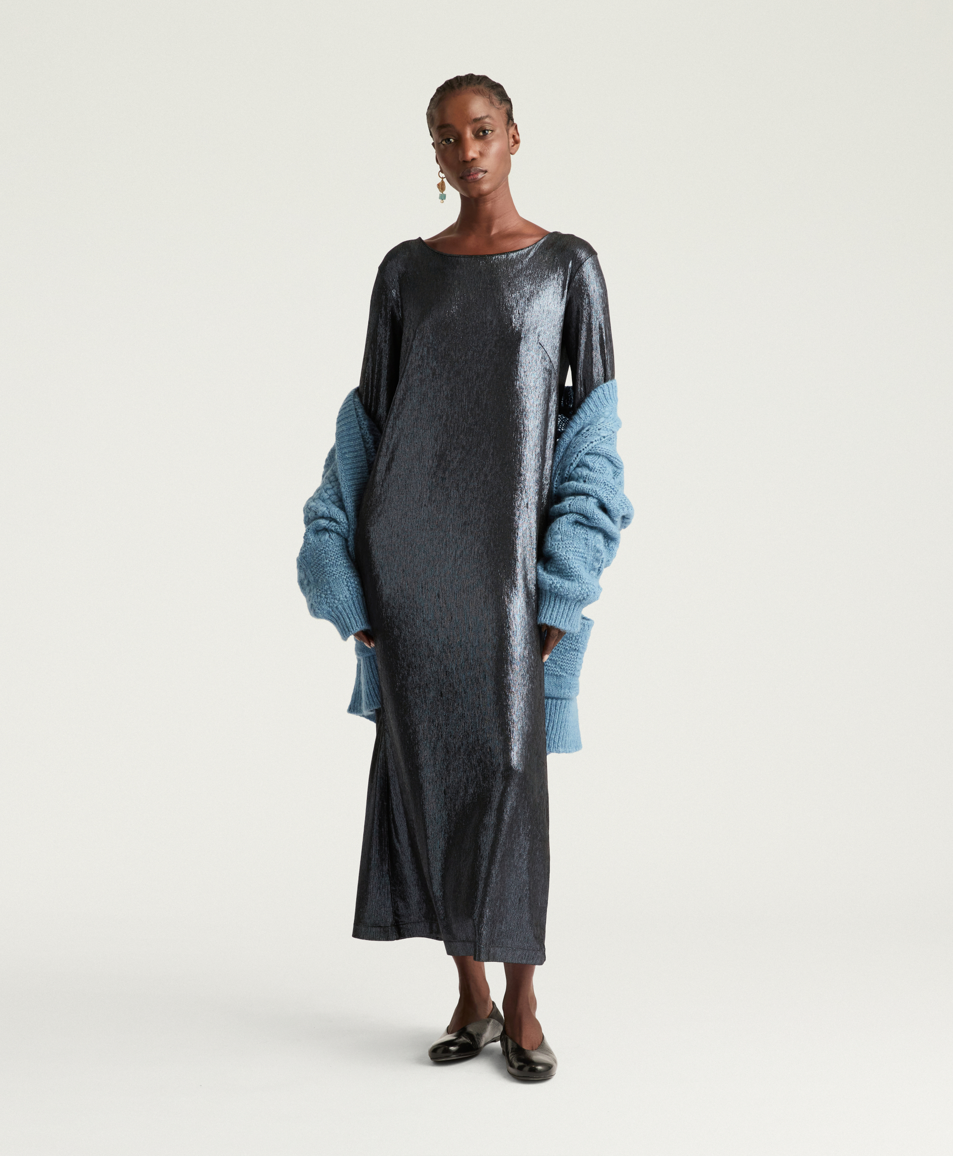 ROBE QUEEN EN JERSEY LAMINÉ - BLEU PÉTROLE - Clothing - Momonì