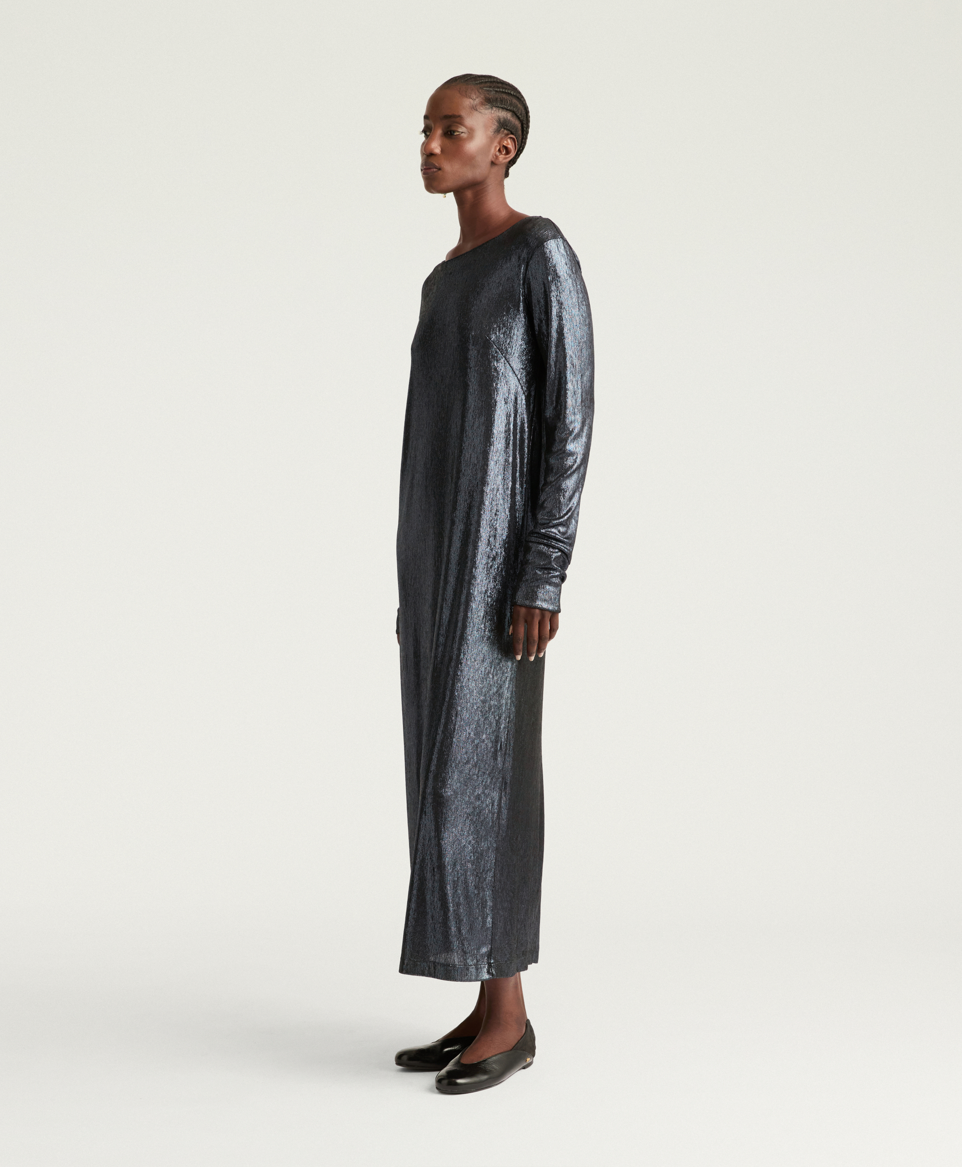 QUEEN DRESS IN LAMINATED JERSEY - PETROL BLUE - Momonì