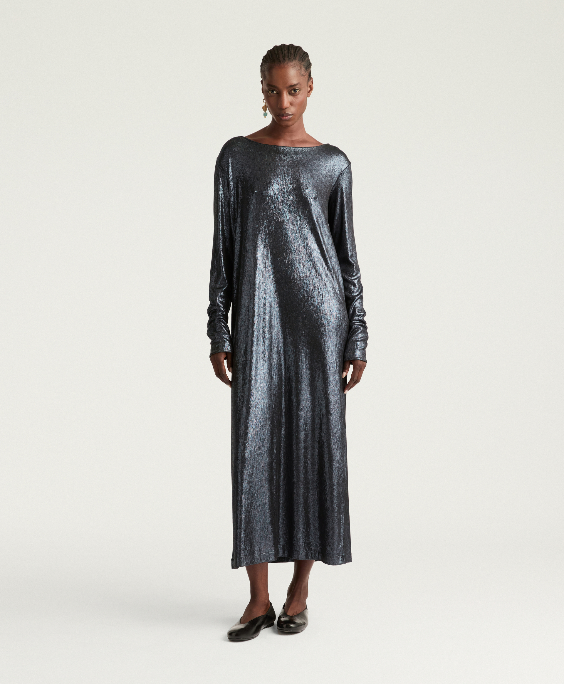 QUEEN DRESS IN LAMINATED JERSEY - PETROL BLUE - Momonì