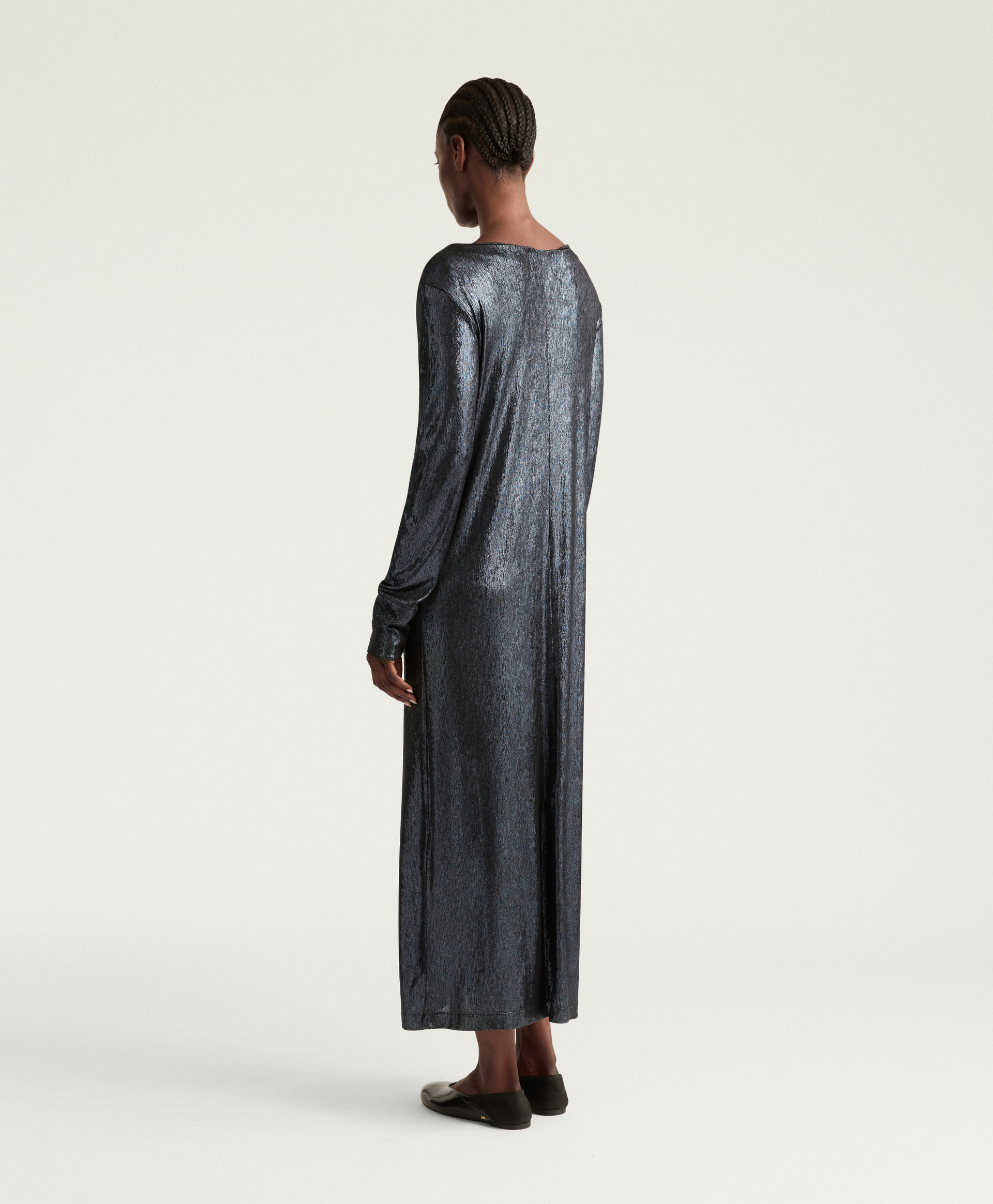 QUEEN DRESS IN LAMINATED JERSEY - PETROL BLUE - Momonì