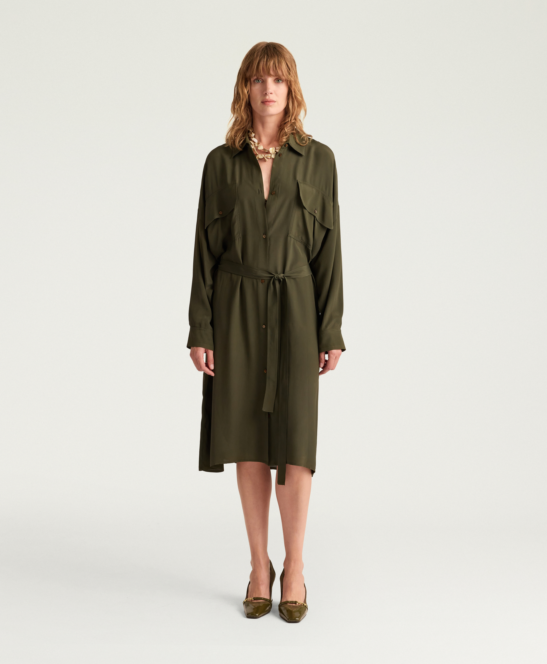 ROBE JOYCE EN ACÉTATE/SOIE UNIE - VERT FONCÉ - Momonì