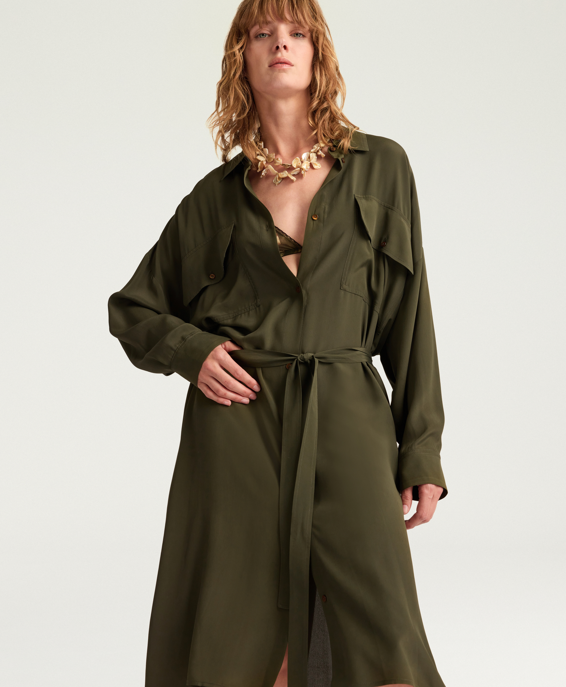 ROBE JOYCE EN ACÉTATE/SOIE UNIE - VERT FONCÉ - Momonì
