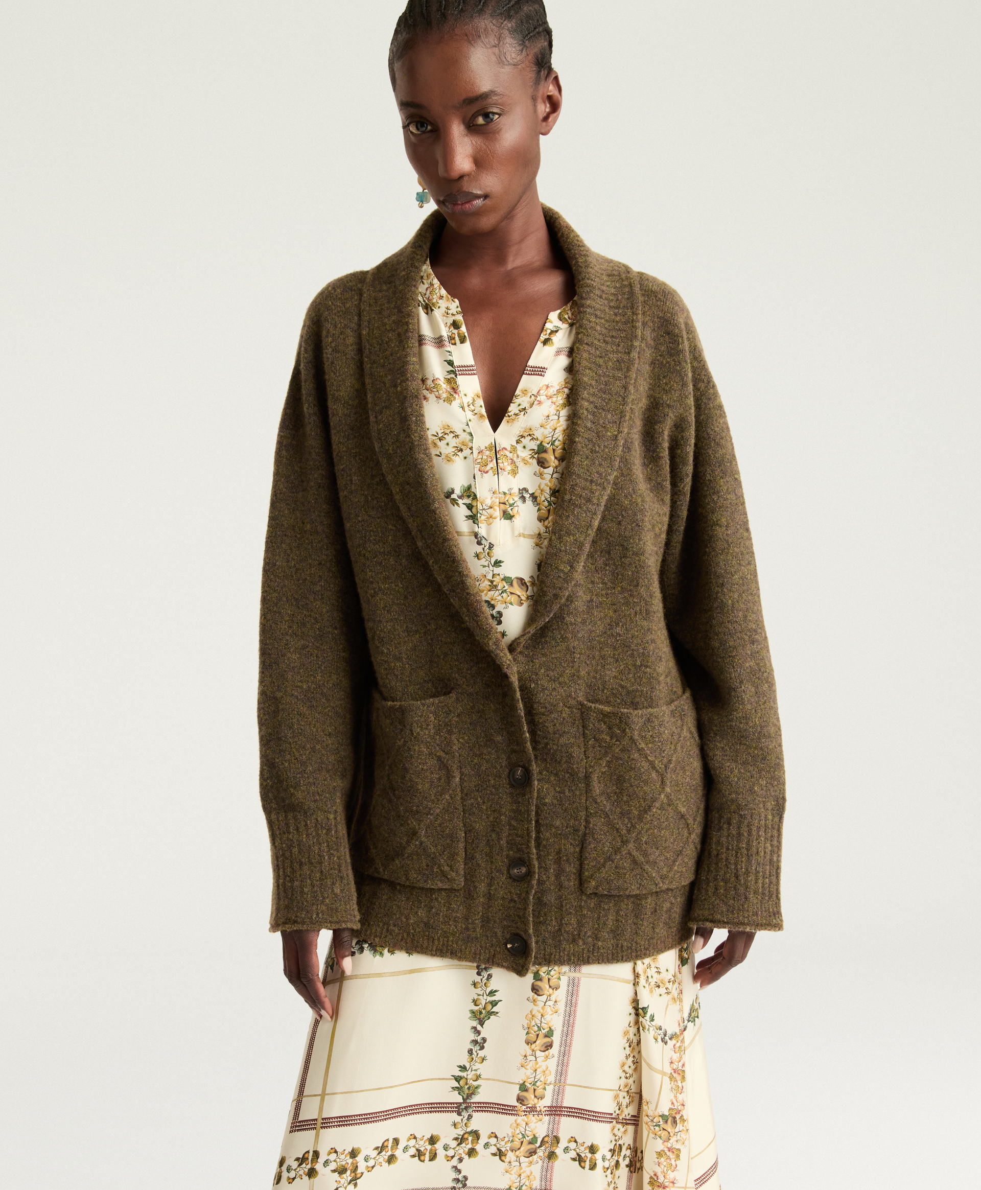 ASSAM CARDIGAN IN FLEECE-EFFECT WOOL - GREEN - Momonì