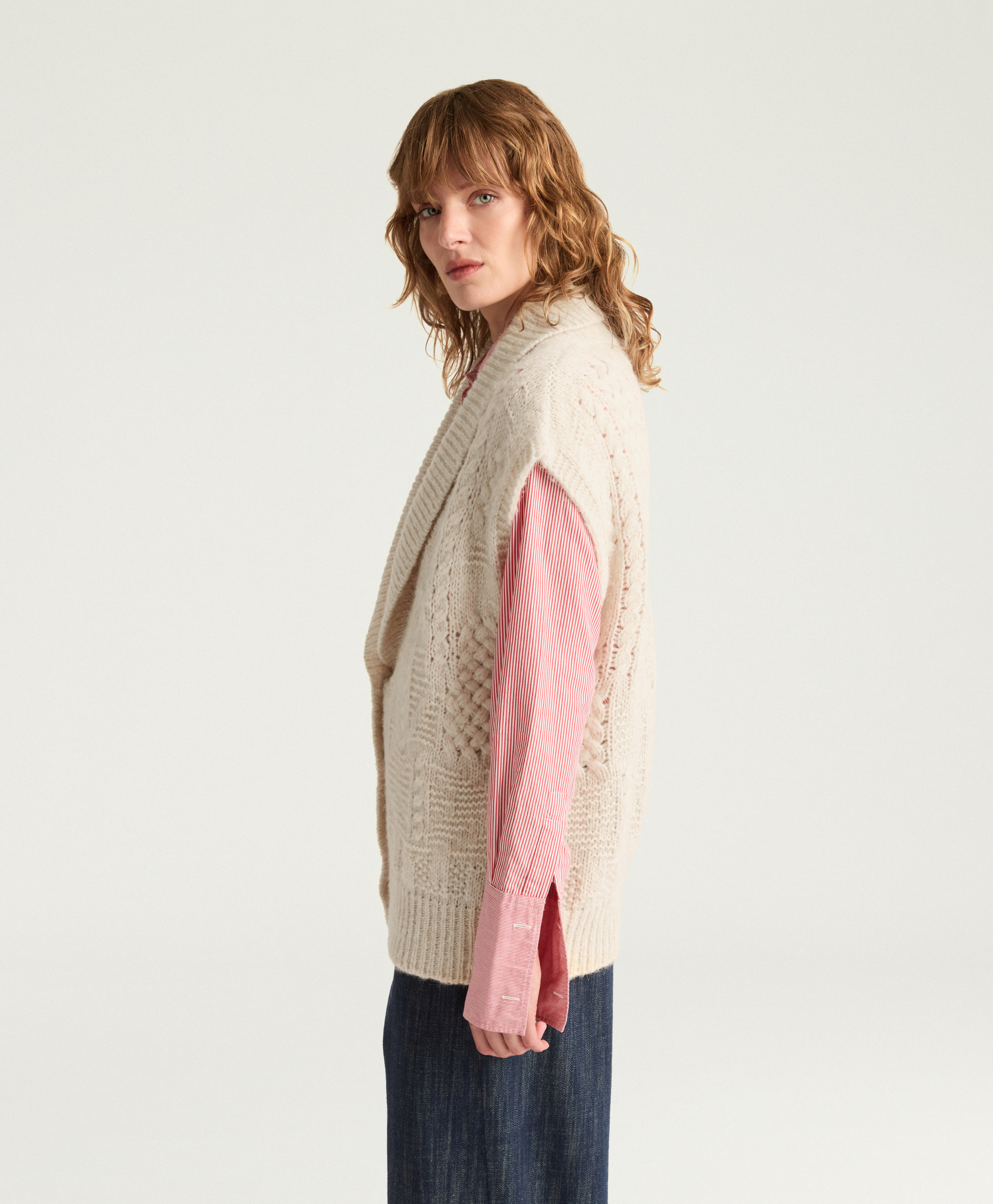 BRISTOL WOOL/ALPACA CARDIGAN IN MIX OF STITCHES - ECRU - Momonì