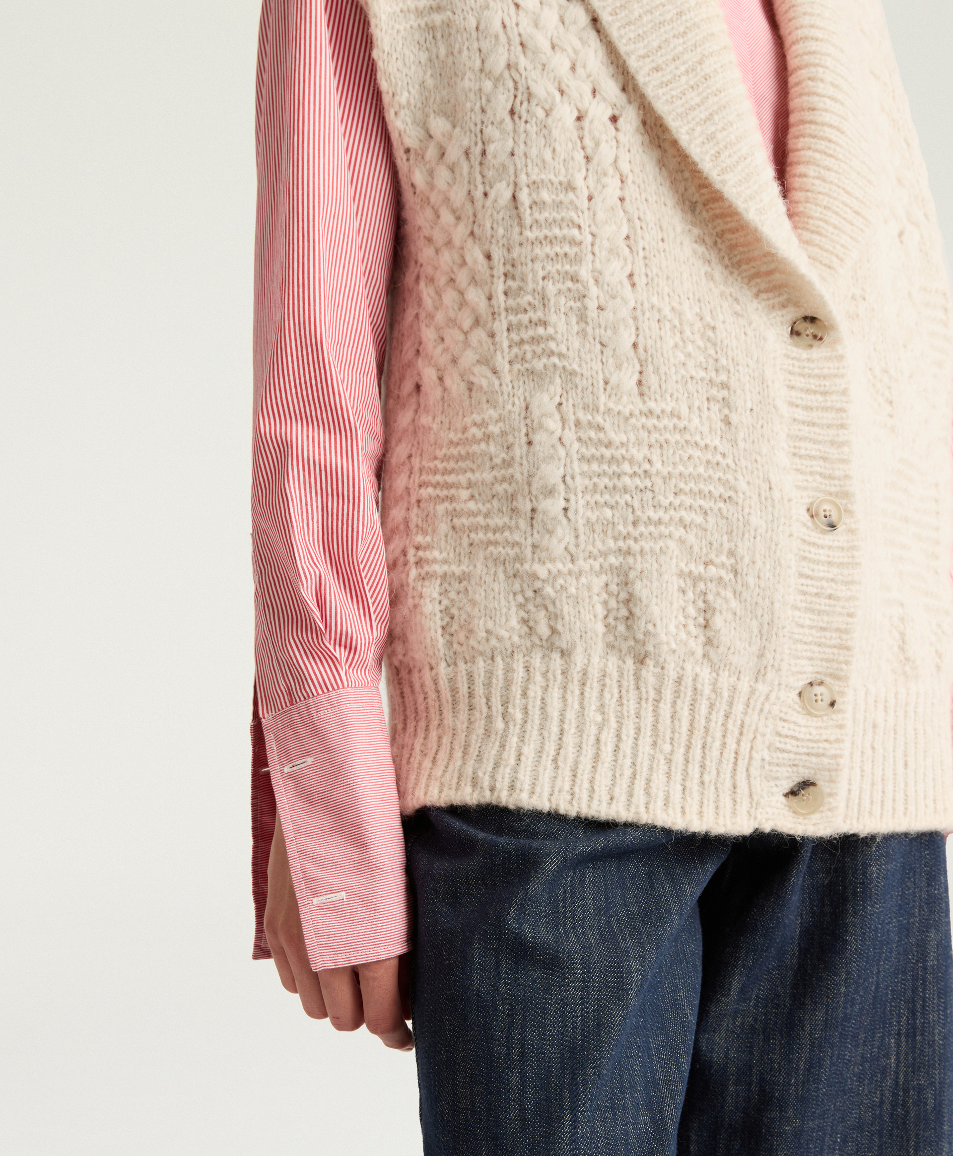 BRISTOL WOOL/ALPACA CARDIGAN IN MIX OF STITCHES - ECRU - Momonì