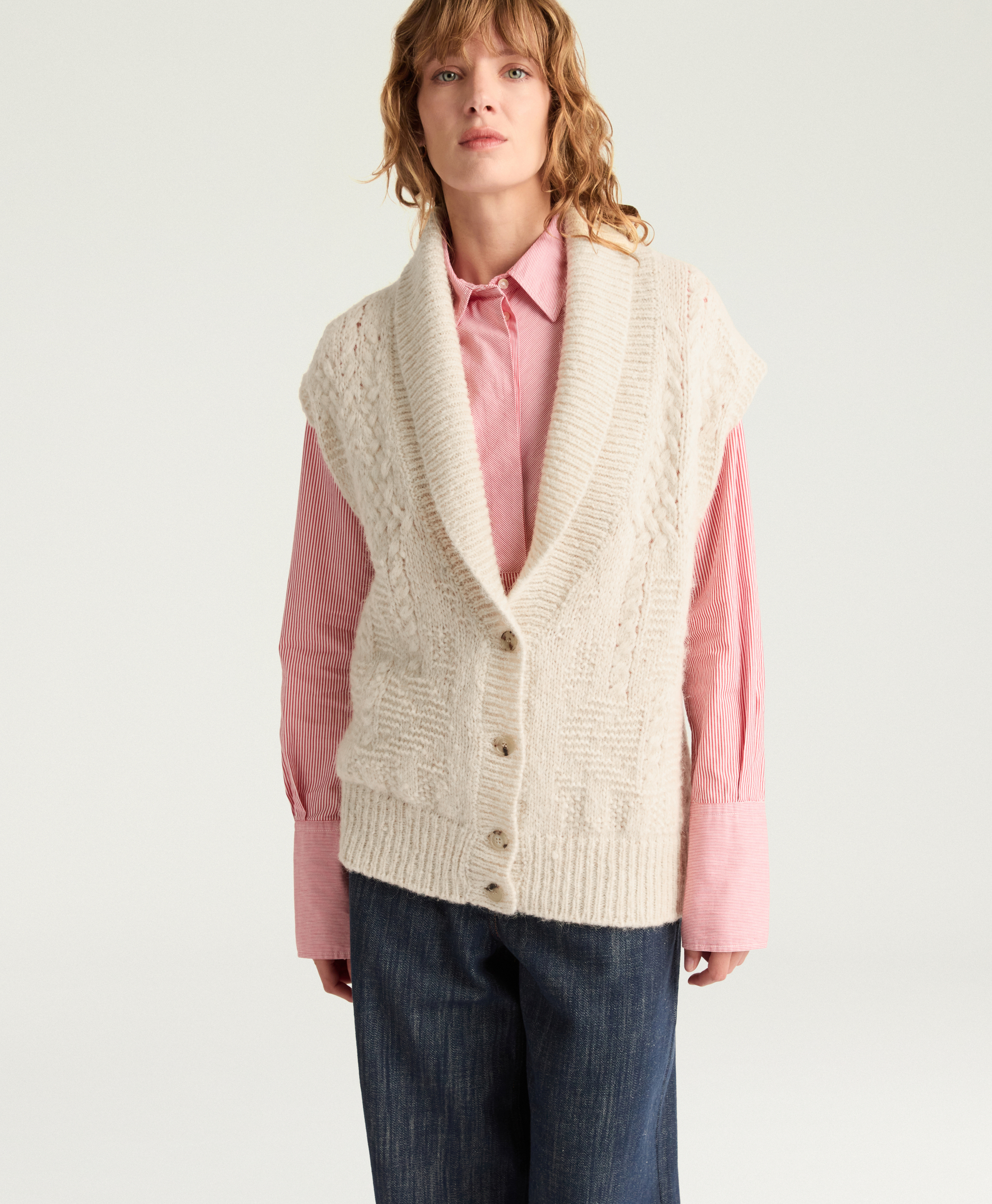 BRISTOL WOOL/ALPACA CARDIGAN IN MIX OF STITCHES - ECRU - Momonì