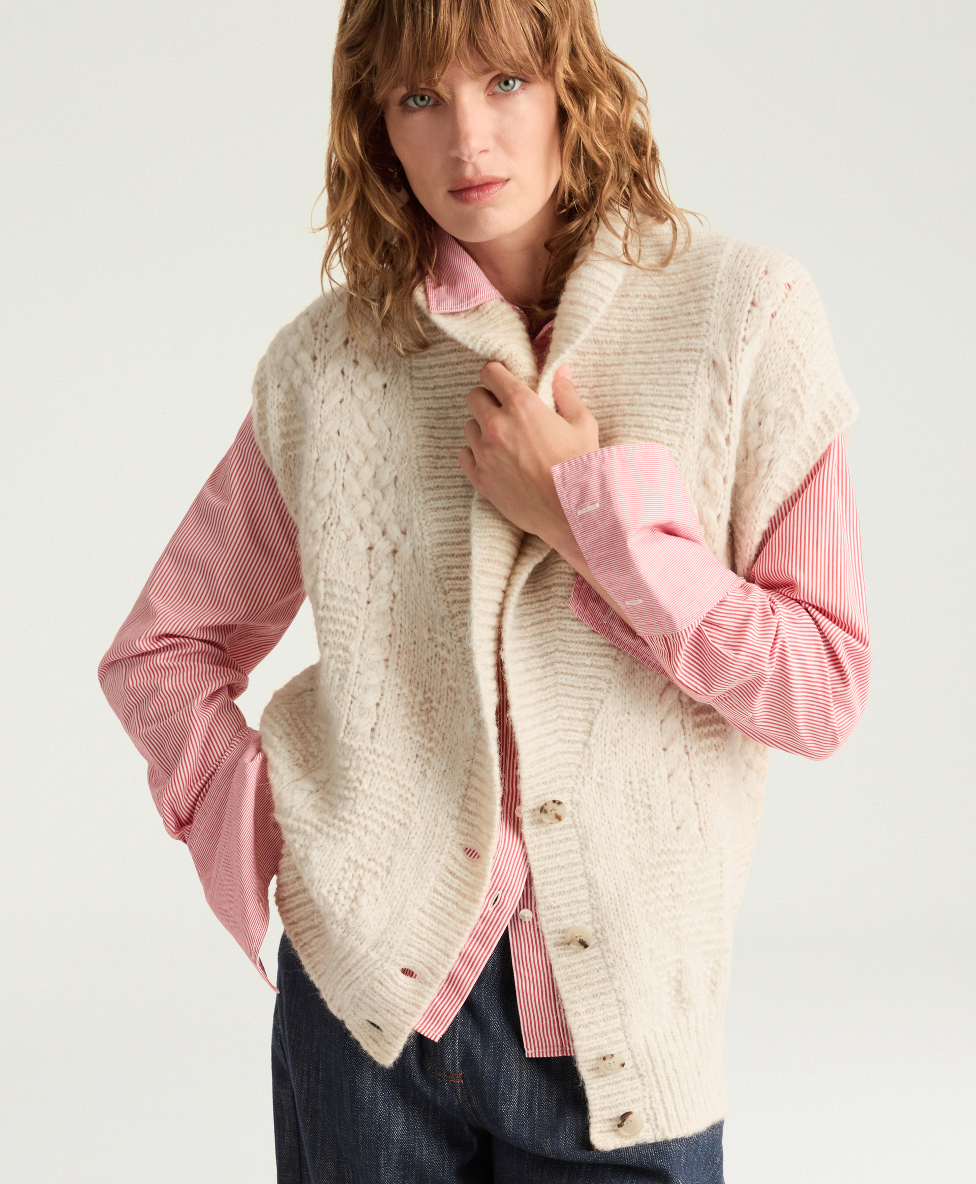 BRISTOL WOOL/ALPACA CARDIGAN IN MIX OF STITCHES - ECRU - Momonì