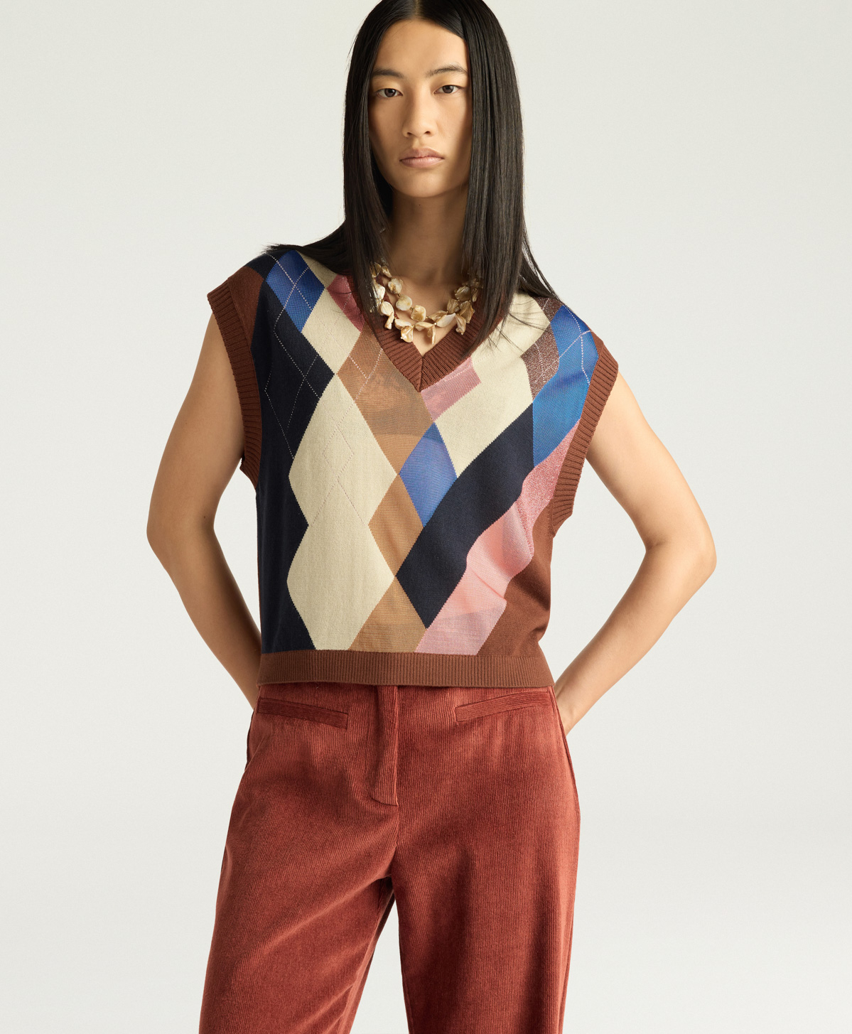 HOLLYHOCK GILET IN ARGYLE PATTERN - BURNT MULTICOLOR - Momonì