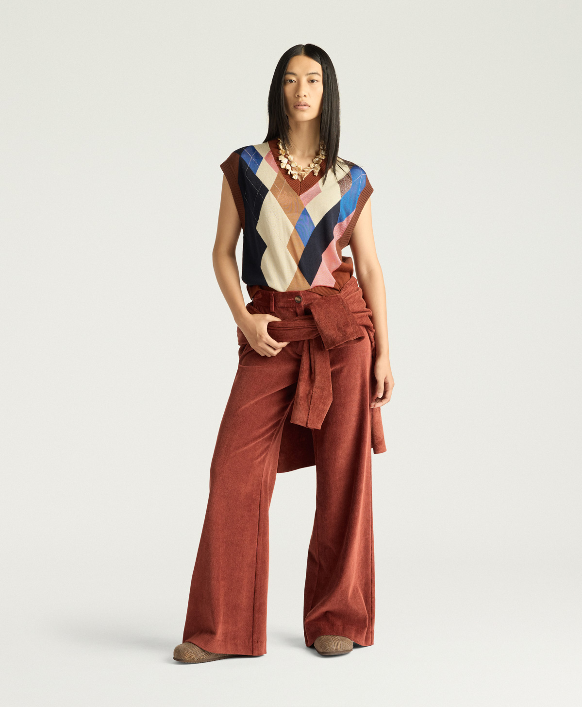 HOLLYHOCK GILET IN ARGYLE PATTERN - BURNT MULTICOLOR - Momonì