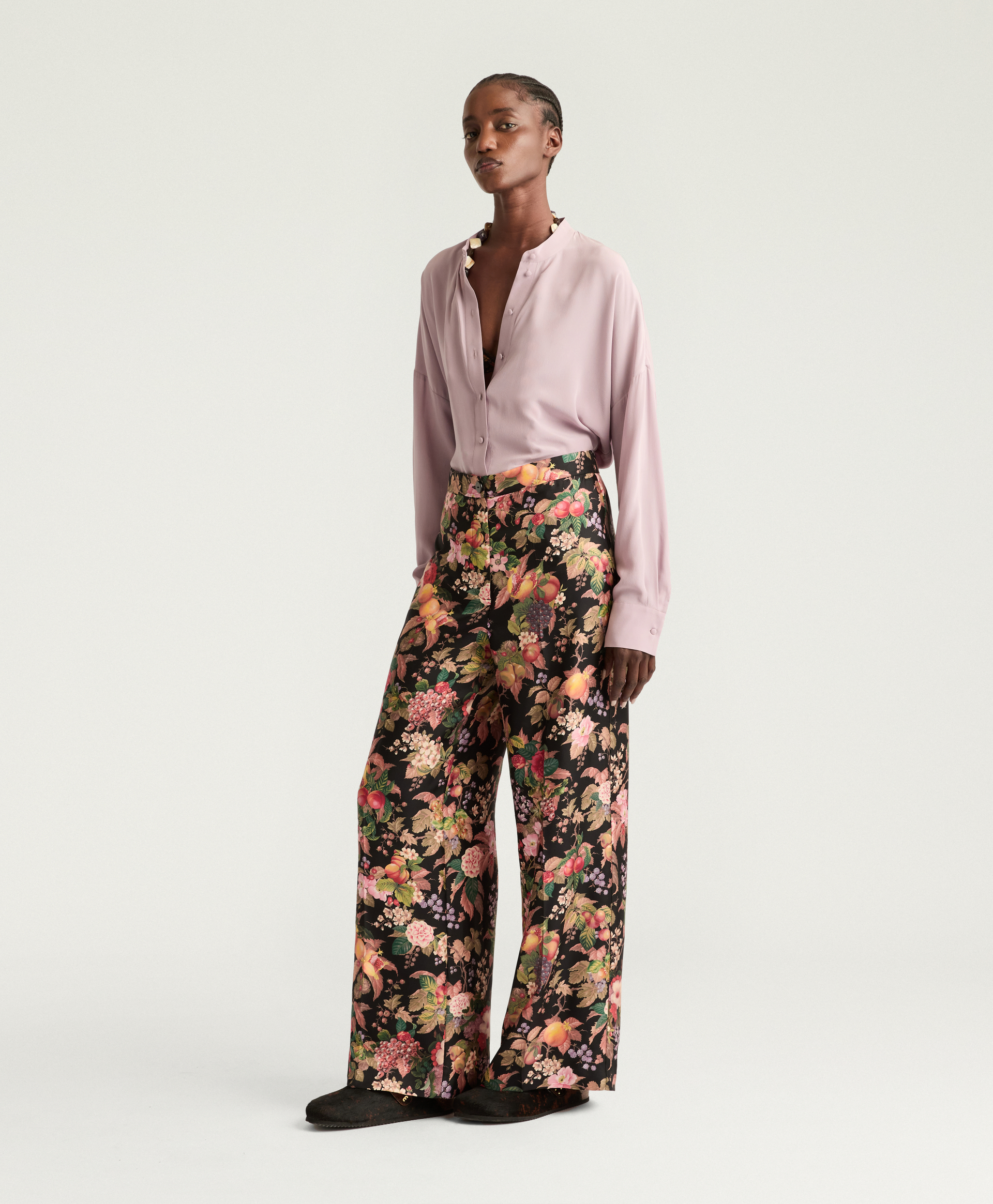 PANTALON COCOS EN TWILL DE SOIE IMPRIMÉ - MULTICOLORE NOIR - Momonì