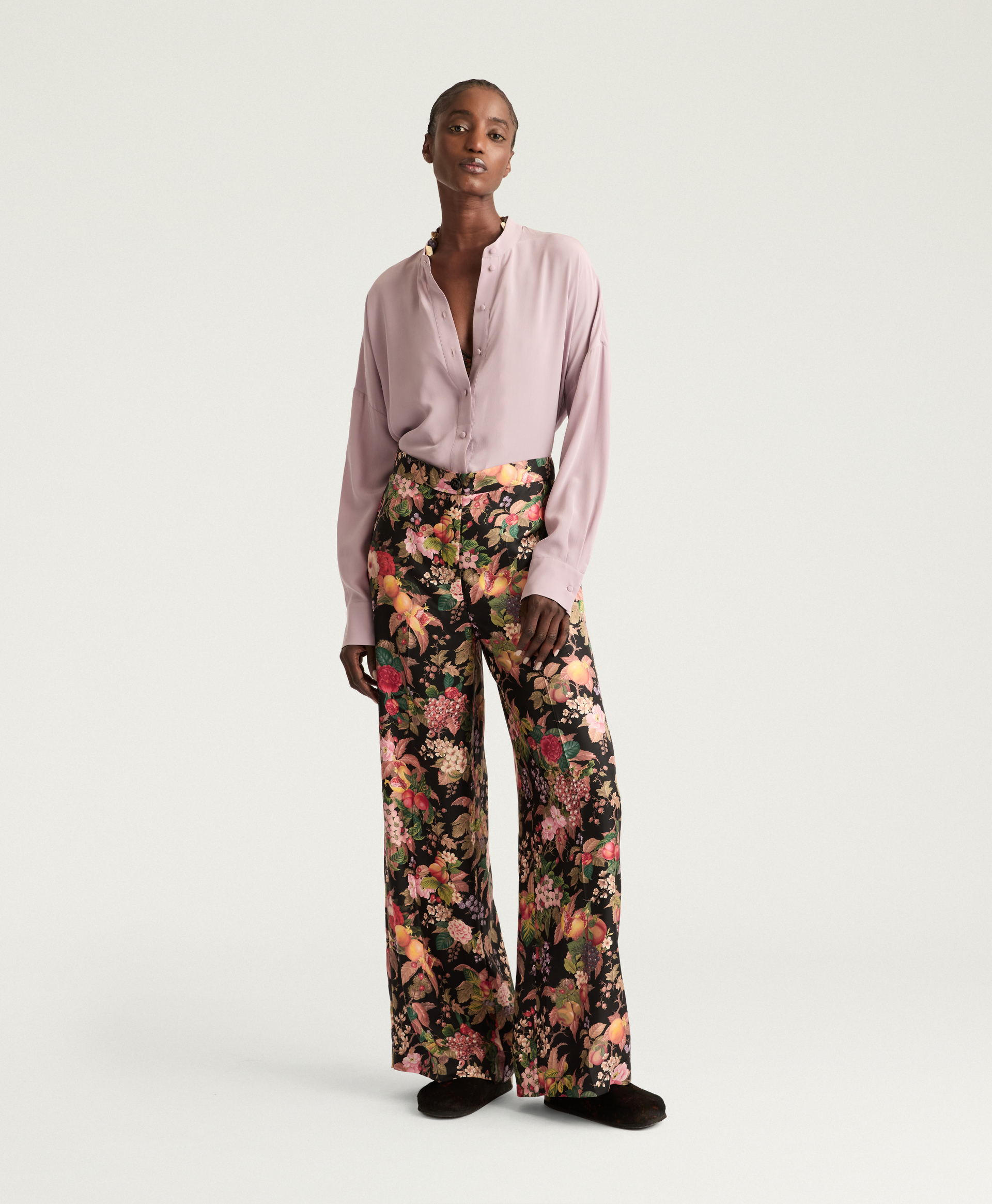 PANTALON COCOS EN TWILL DE SOIE IMPRIMÉ - MULTICOLORE NOIR - Momonì