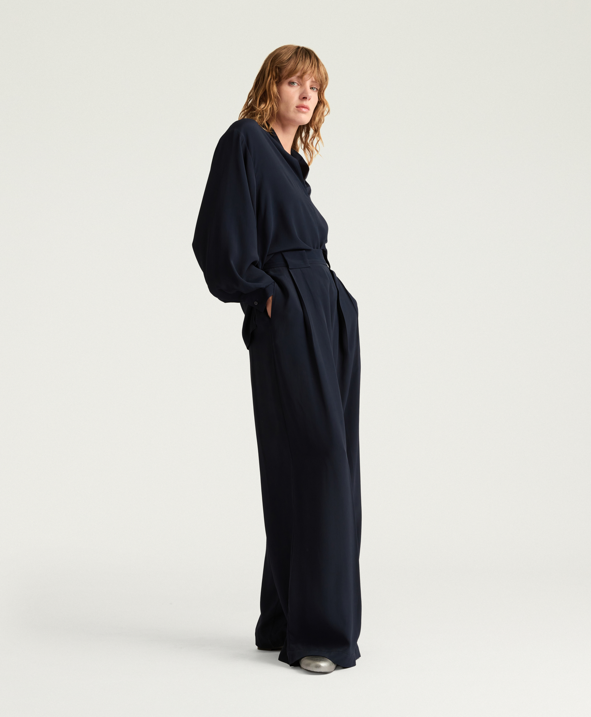 PANTALON ASPEN EN ACÉTATE/SOIE UNIE - BLEU - Momonì