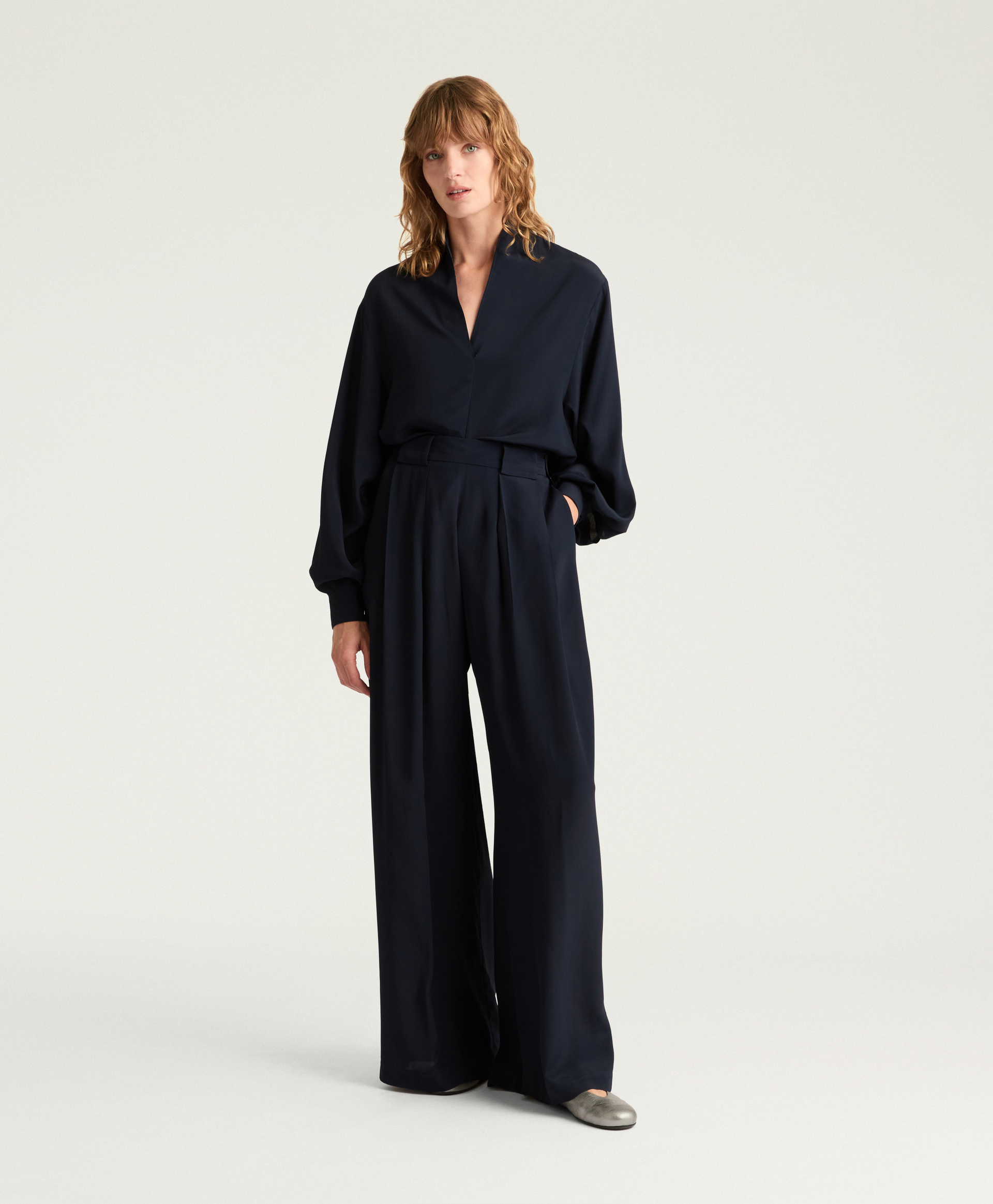 PANTALON ASPEN EN ACÉTATE/SOIE UNIE - BLEU - Momonì