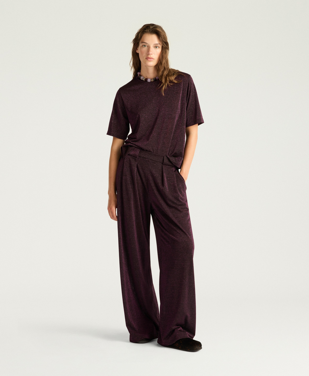 PANTALON ASPEN EN JERSEY LUREX UNI - CERISE NOIRE - Clothing - Momonì