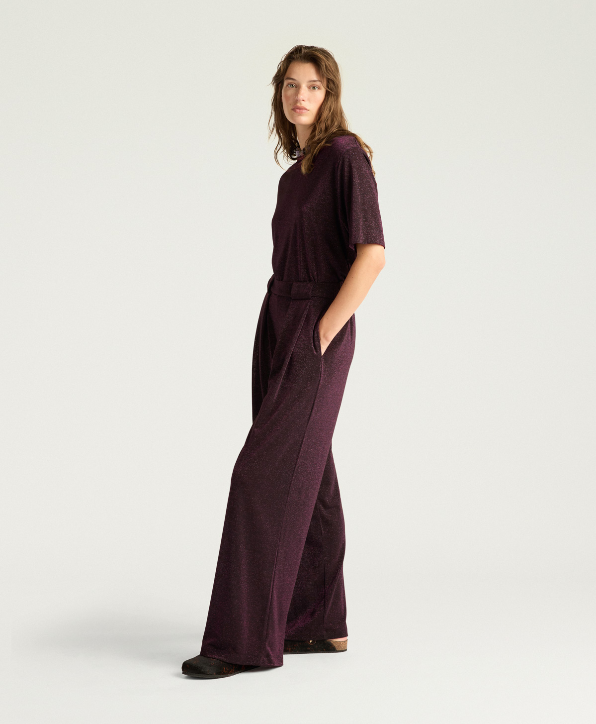 ASPEN PANTS IN SOLID COLOUR LUREX JERSEY - BLACK CHERRY - Momonì
