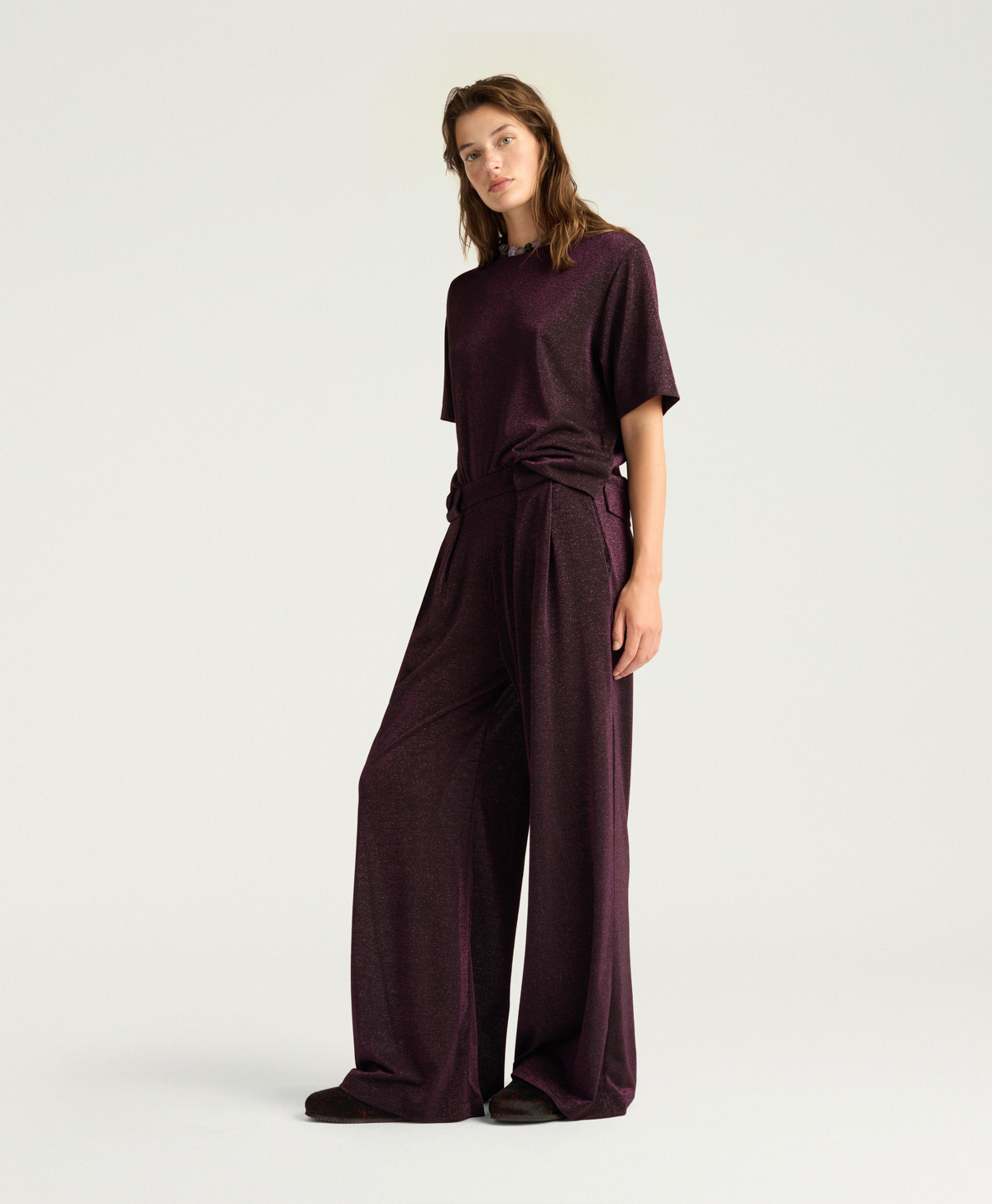 ASPEN PANTS IN SOLID COLOUR LUREX JERSEY - BLACK CHERRY - Momonì