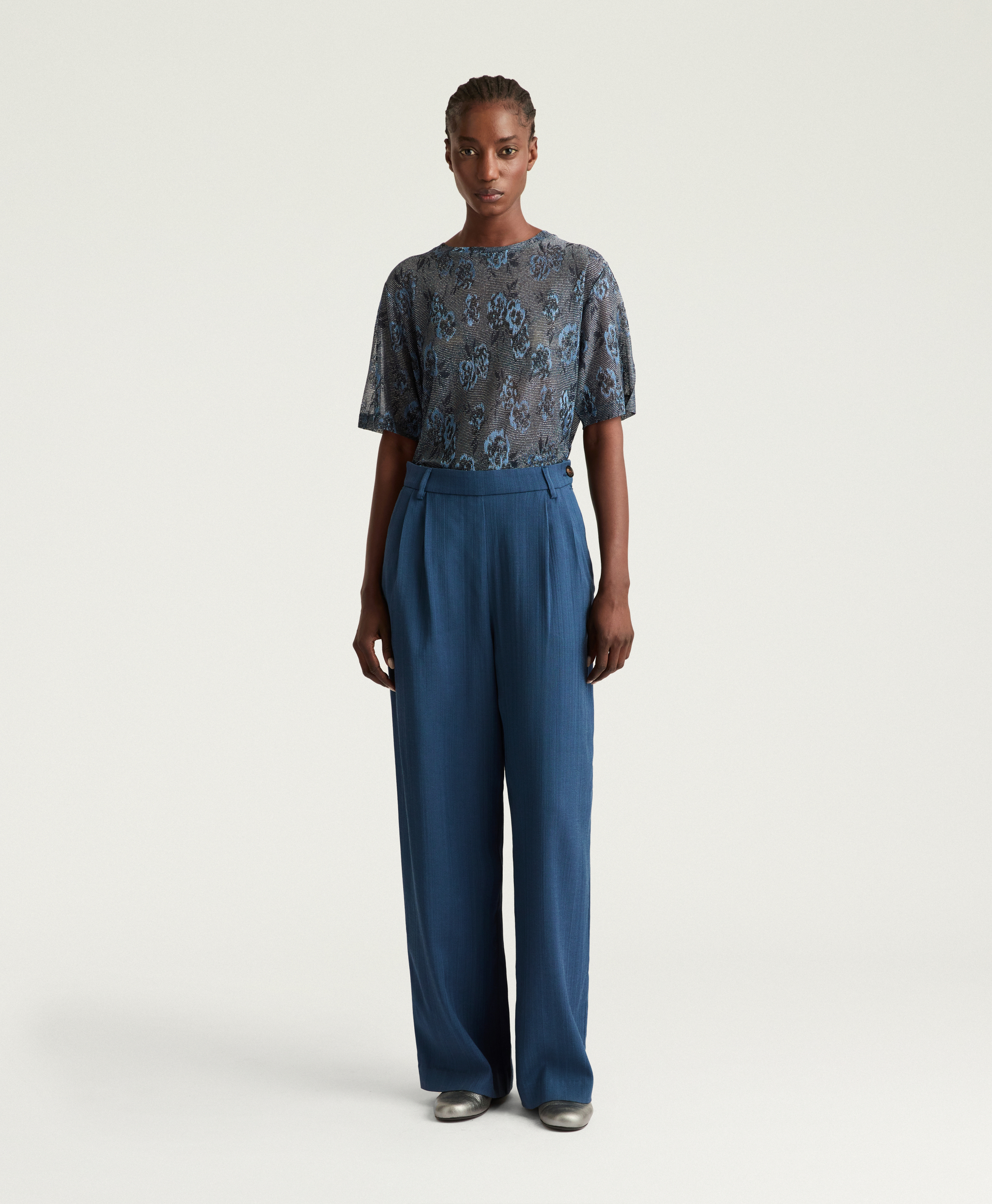 KEBLE PANTS IN SOLID COLOUR VISCOSE/WOOL - AVIO BLUE - Momonì