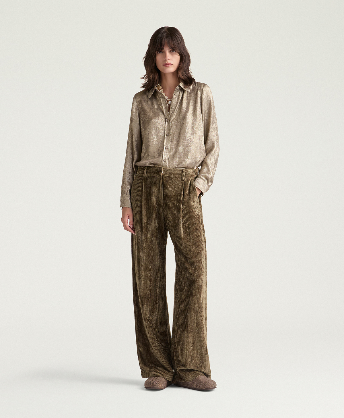 PANTALONI BLAKE IN VELLUTO A COSTE FLUIDO - KAKI - Momonì