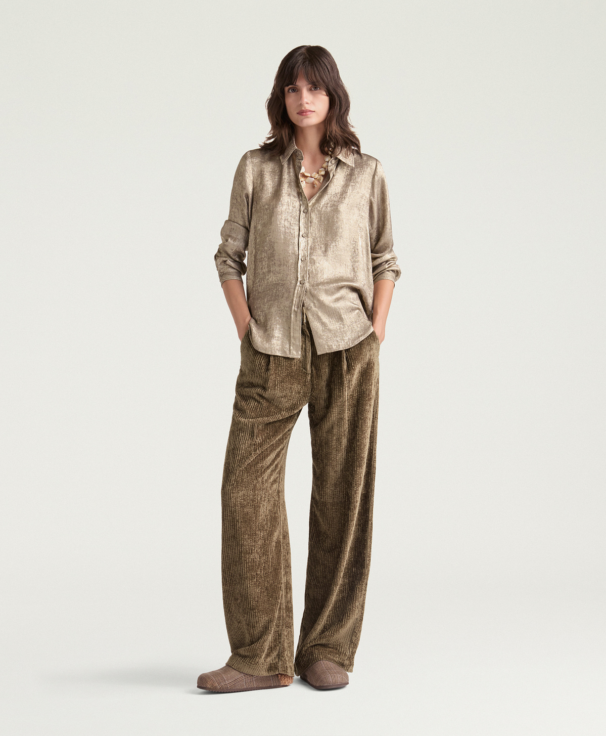 PANTALONI BLAKE IN VELLUTO A COSTE FLUIDO - KAKI - Momonì