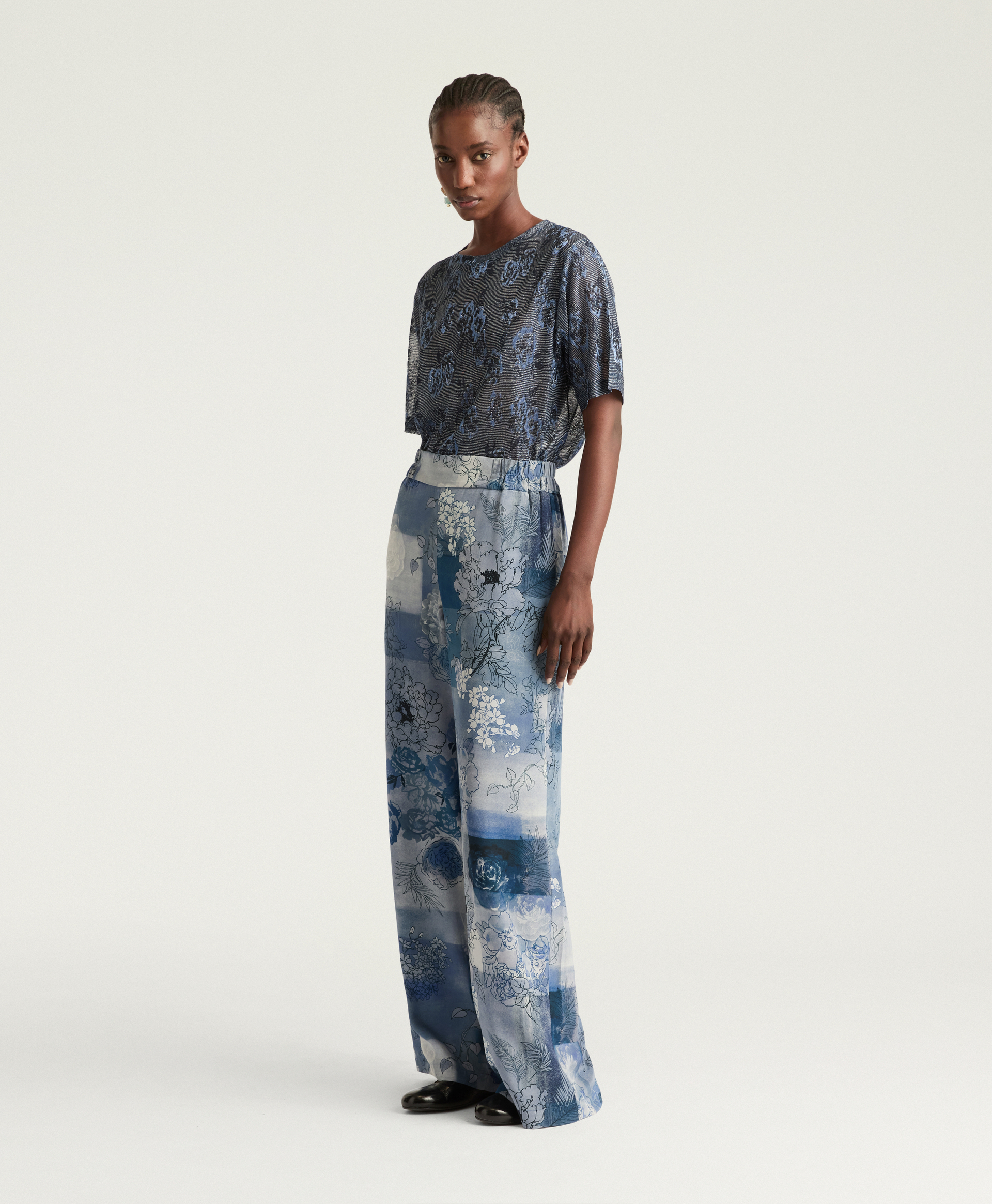 PANTALON BACCARAT EN CRÊPE DE CHINE IMPRIMÉ - MULTICOLORE BLEU - Momonì