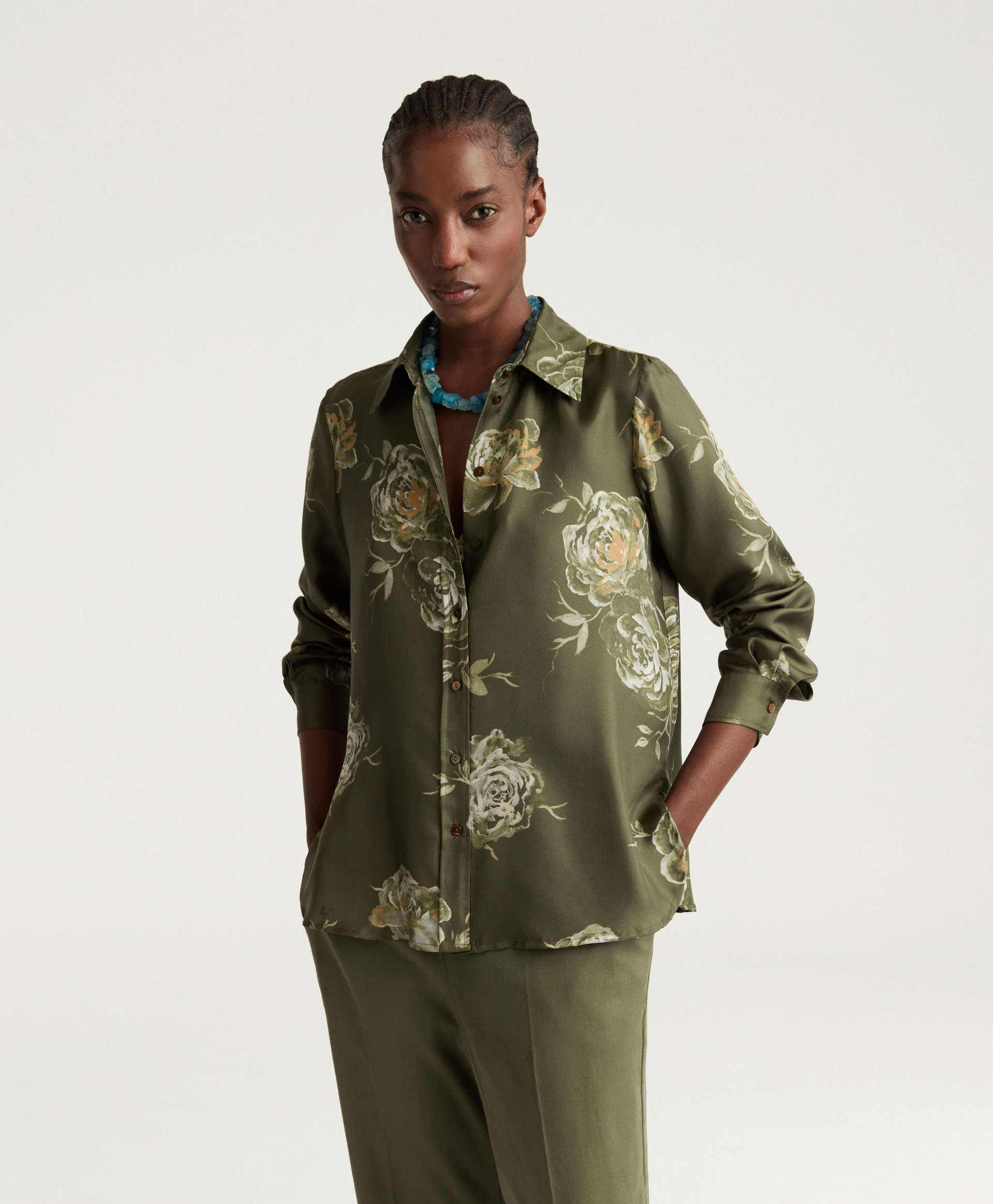 CHEMISIER ARLES EN TWILL DE SOIE IMPRIMÉ - MULTICOLORE OLIVE - Momonì