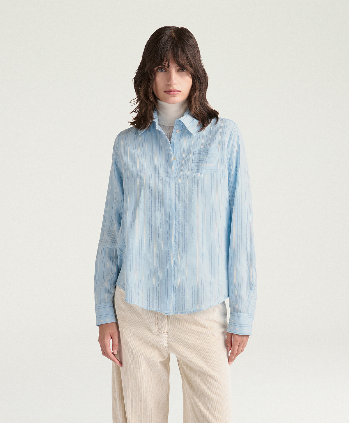 CHEMISIER ANNE EN VISCOSE-SOIE RAYÉE - BLEU CIEL - Momonì