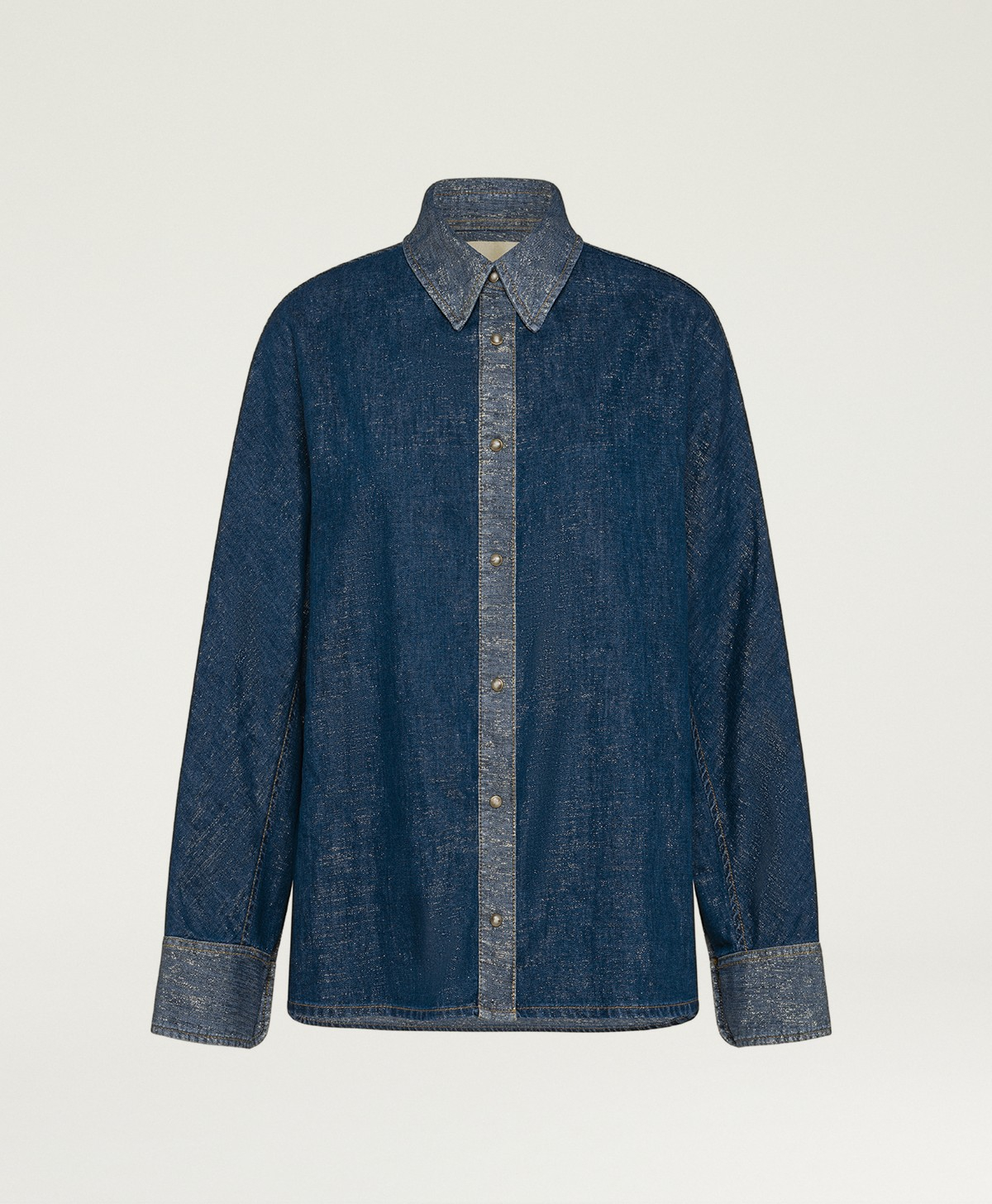 CAMICIA ZOE IN DENIM CHAMBRAY LAMINATO - BLU/ORO - Momonì