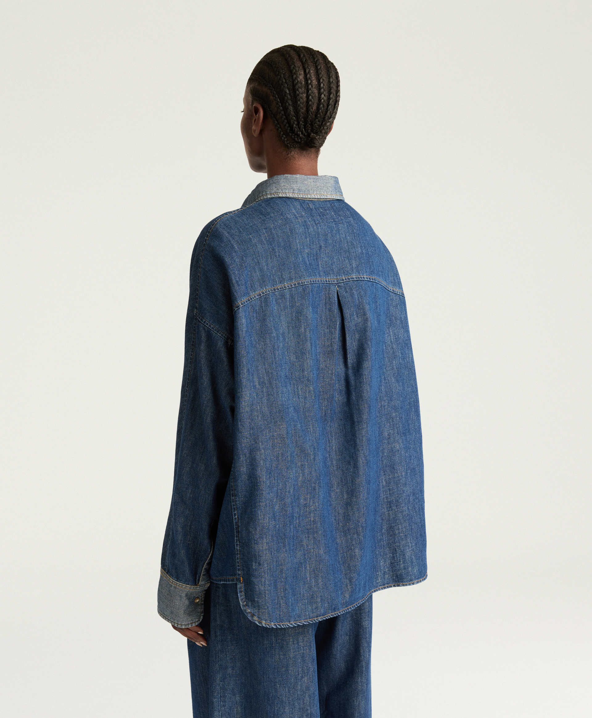 CAMICIA ZOE IN DENIM CHAMBRAY LAMINATO - BLU/ORO - Momonì