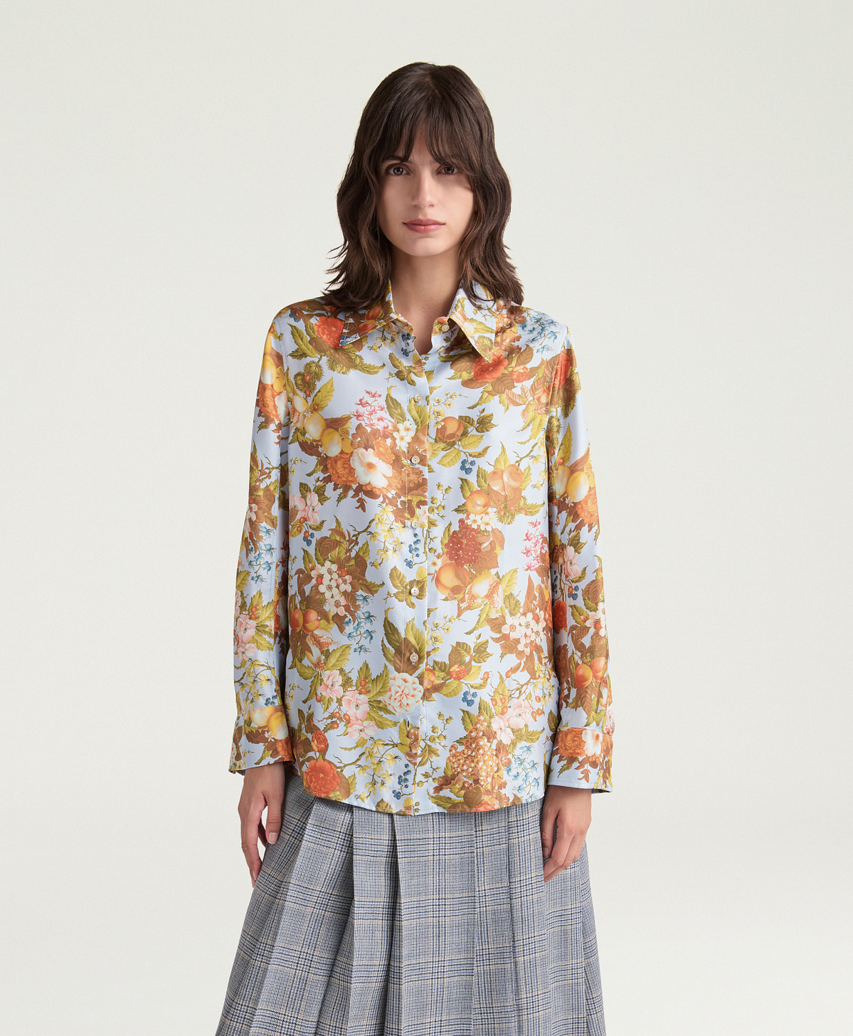 MARK SHIRT IN PRINTED SILK TWILL - DUSTY BLUE MULTICOLOR - Momonì